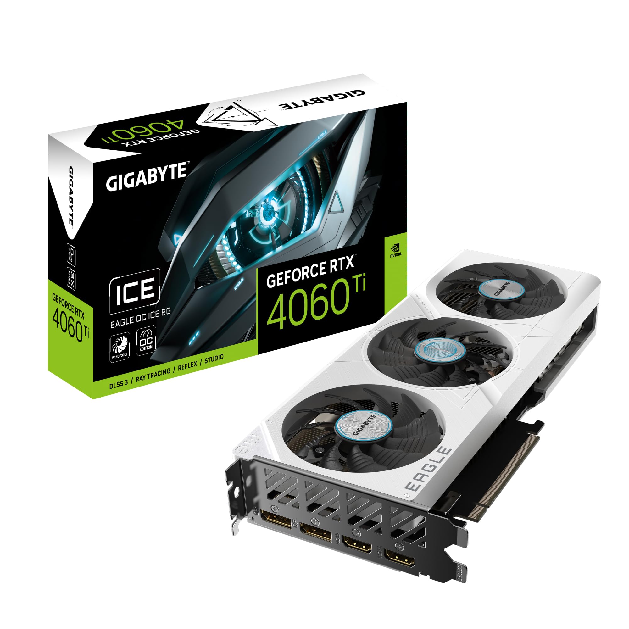 کارت گرافیک Gigabyte GeForce RTX 4060 Ti EAGLE OC ICE 8G - 8 گیگابایت GDDR6، 128 بیت، PCI-E 4.0، ساعت هسته 2550 مگاهرتز، 2 x DisplayPort 1.4a، 2 x HDMI 2.1a، NVIDIA DLSS 3، GV-N406TEAGLEOC ICE-8GD