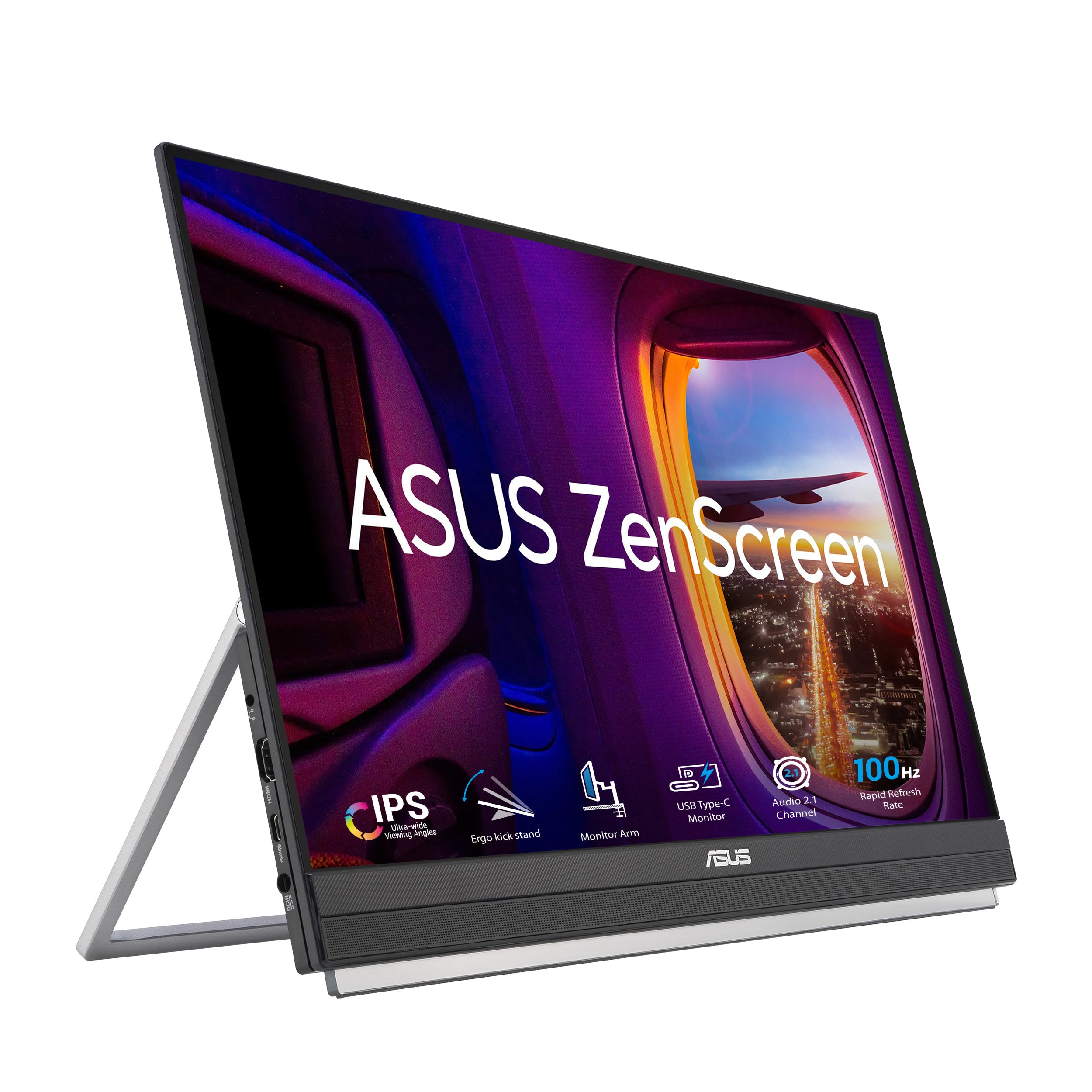 مانیتور قابل حمل ASUS ZenScreen 22 اینچ (نمایش 21.5 اینچ) با رزولوشن 1080P (MB229CF) - تمام HD، IPS، 100Hz، USB-C، مراقبت از چشم، بلندگوها، دسته حمل، پایه قابل تنظیم، بازو C-clamp، قلاب جداکننده، ساب‌ووفر، گارانتی 3 ساله طراحی چندپایه 22 اینچ