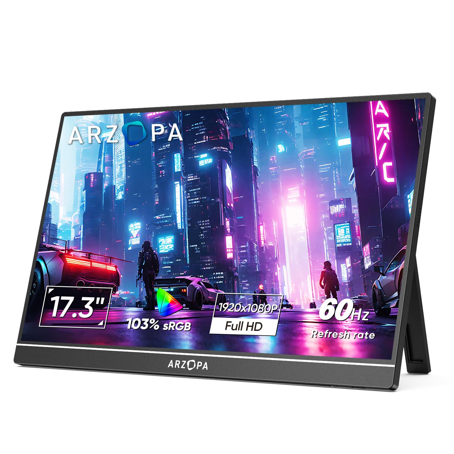 نمایشگر قابل حمل ARZOPA با سایز 17.3 اینچ، رزولوشن 1080P FHD IPS، آستانه ای برای لپ‌تاپ‌ها، پورت HDMI و USB C، صفحه خارجی با دو اسپیکر برای کامپیوتر، مک، تلفن، ایکس باکس، سویچ و پلی‌استیشن۵ -A1M