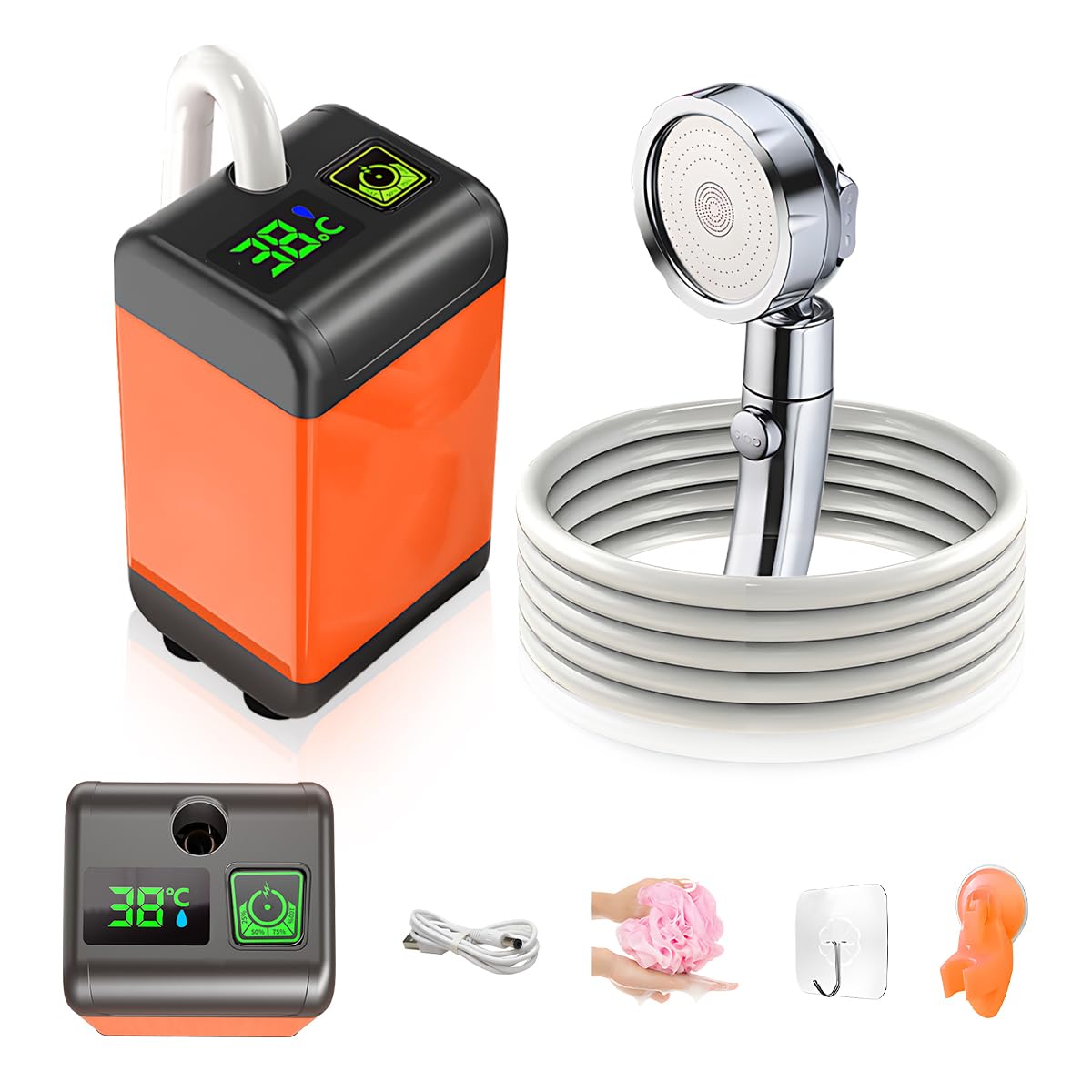 سيست بلا دوش قابل حمل، بمب دوش الكترونیکی، بمب قابل شارژ با نمایشگر دیجیتال 7800mAh، دوش فضای باز با یک لوله 2 متری، با باتری برقی برای تمیز کردن حیوانات، شستشوی خودرو و پیاده‌روی