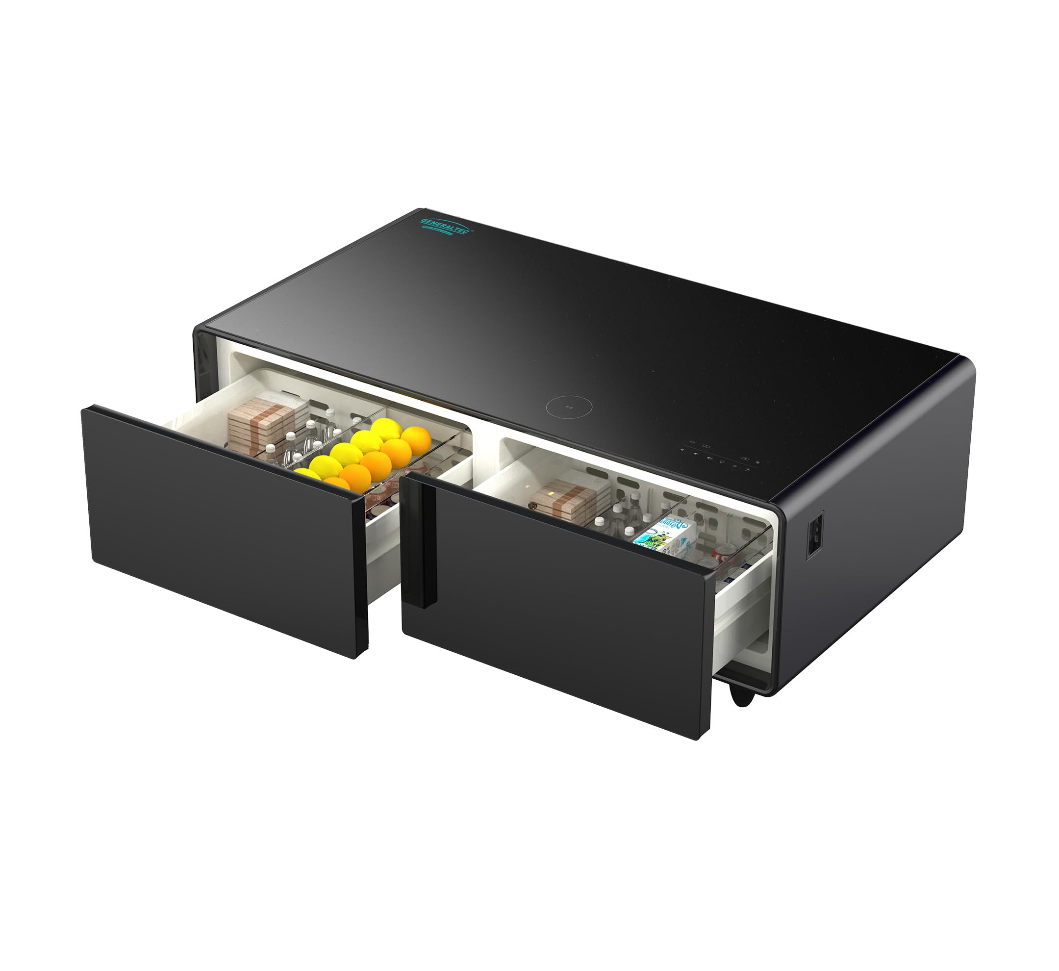 یخچال هوشمند Generaltec و میز موسیقی دیجیتال، بلوتوث/اسپیکر USB، شیشهٔ شیشه‌ای، کنترل لمسی، شارژ دوگانه USB، ظرفیت 135 لیتر (65 لیتر + 70 لیتر)، شارژر بی‌سیم موبایل 15 وات، درگاه‌های الکتریکی