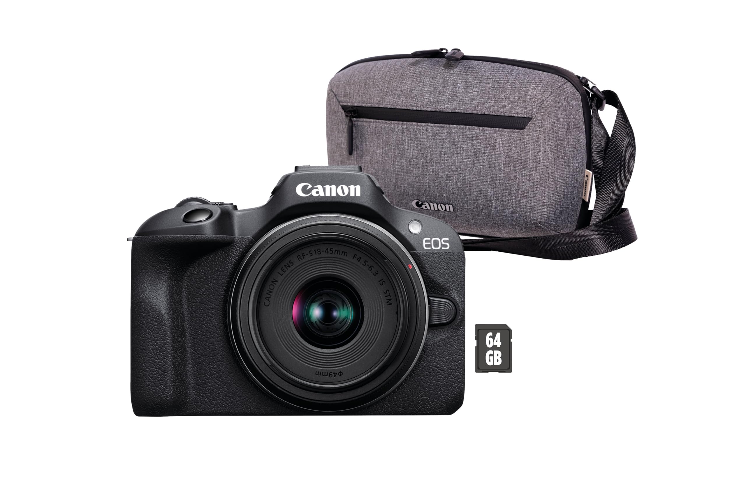 کانن EOS R100 + لنز RF-S 18-45 میلیمتر F4.5-6.3 STM + کیت سفر + کیف دوربین + کارت حافظه 64 گیگابایت SD (دوربین دیجیتال بی‌آینه، دوربین ویدیو 4K، استابیلایزر تصویر، حلقه کنترل لنز، WLAN) مدل سیاه EOS R100 Value Pack با کیف و کارت SD