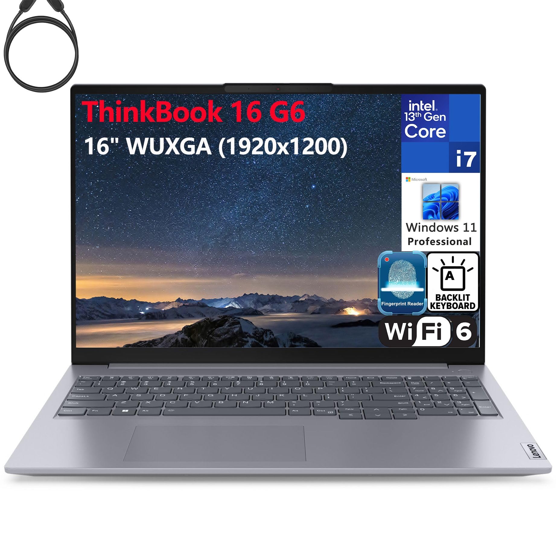 لپ تاپ لنوو ThinkBook 16 G6 16 اینچ FHD+، پردازنده 13th Gen Intel 14-Core i7-13700H، 32GB RAM DDR5، 1TB SSD PCIe، WiFi 6، بلوتوث 5.2، صفحه کلید دارای نور پس زمینه، خواننده اثر انگشت، ویندوز 11 Pro، تیلسی.