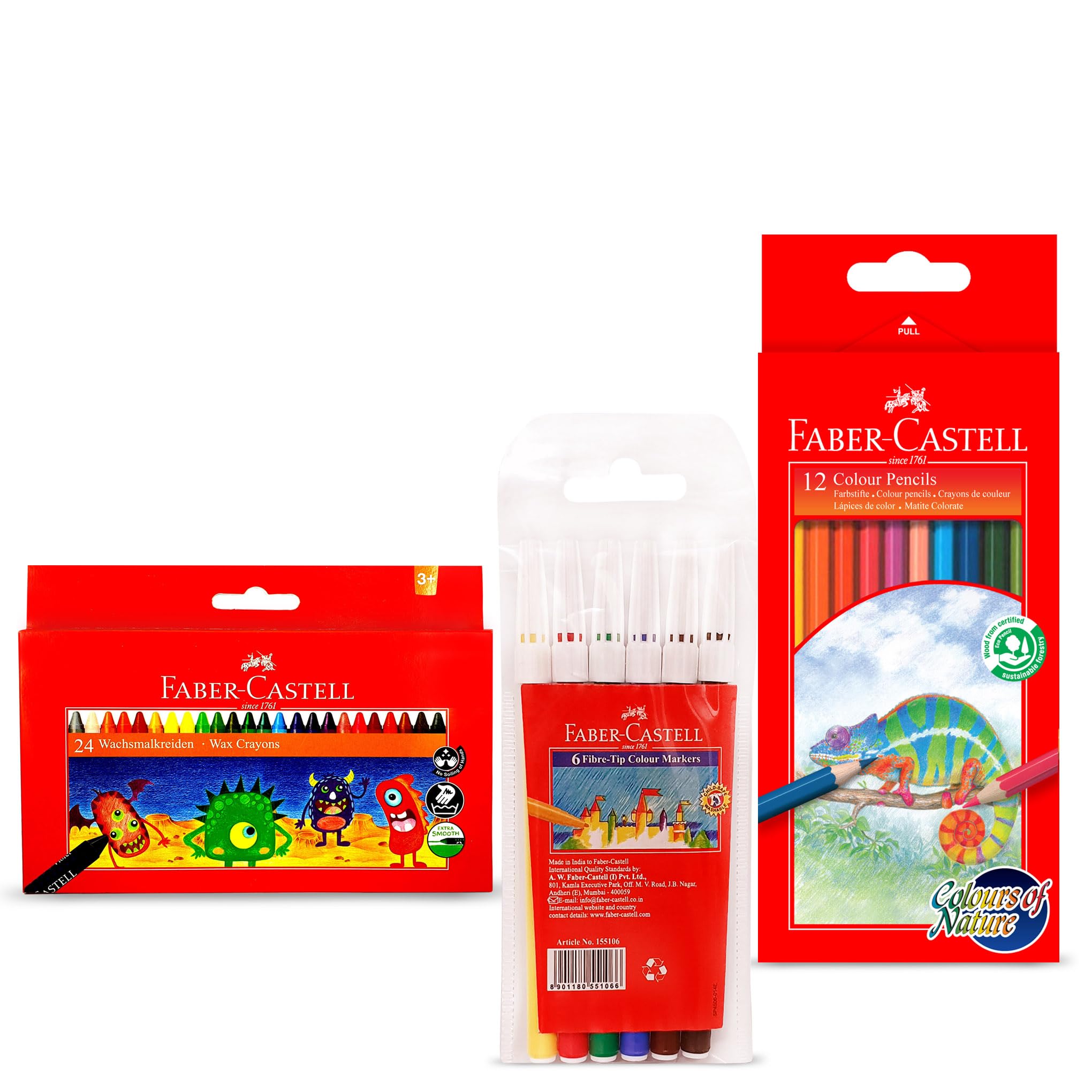 مداد رنگی Faber-Castell 24 رنگ + مداد رنگی 12 رنگ + قلم رنگی نوک فایبر 6 رنگ