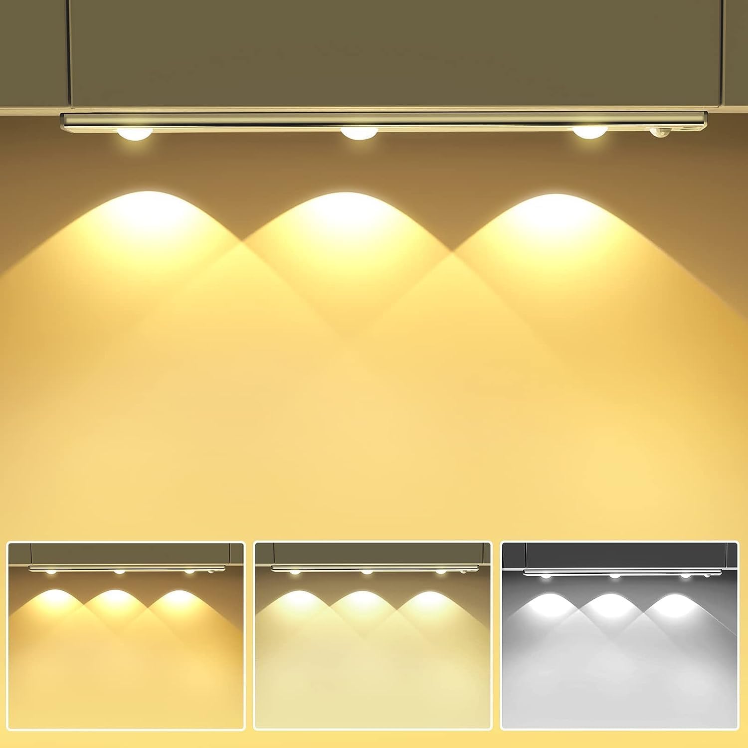لوازم کابینت Necomi، چراغهای زیر کابینت 40 سانتی‌متری با حسگر حرکت، چراغهای شب USB قابل شارژ بی‌سیم آشپزخانه، چراغ عملیاتی با باتری، برای کمد لباس، کابینت‌ها، کمدها، 3 رنگ، 3 عدد چراغ (نقره‌ای)