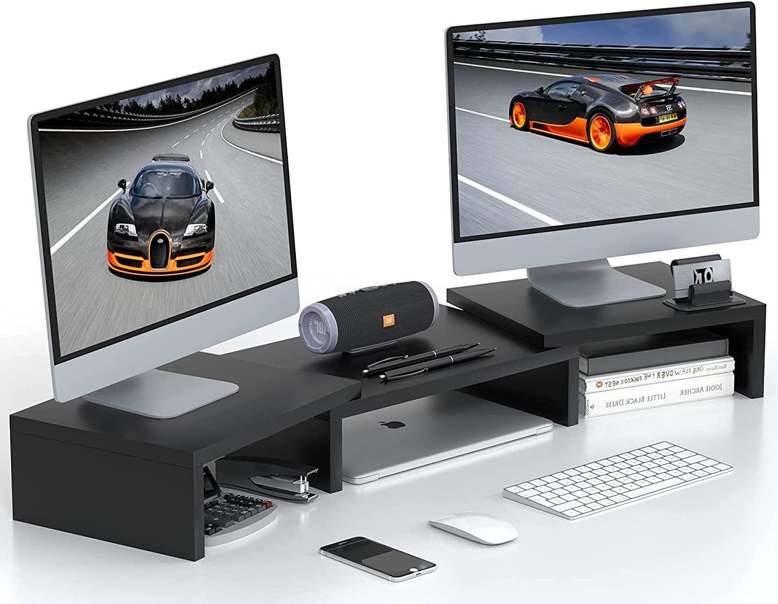 DOOKOO Adjustable Dual Monitor Riser for 2 Monitors - Desktop Stand With Storage for Laptops, TVs, PCs and Printers,(Black)