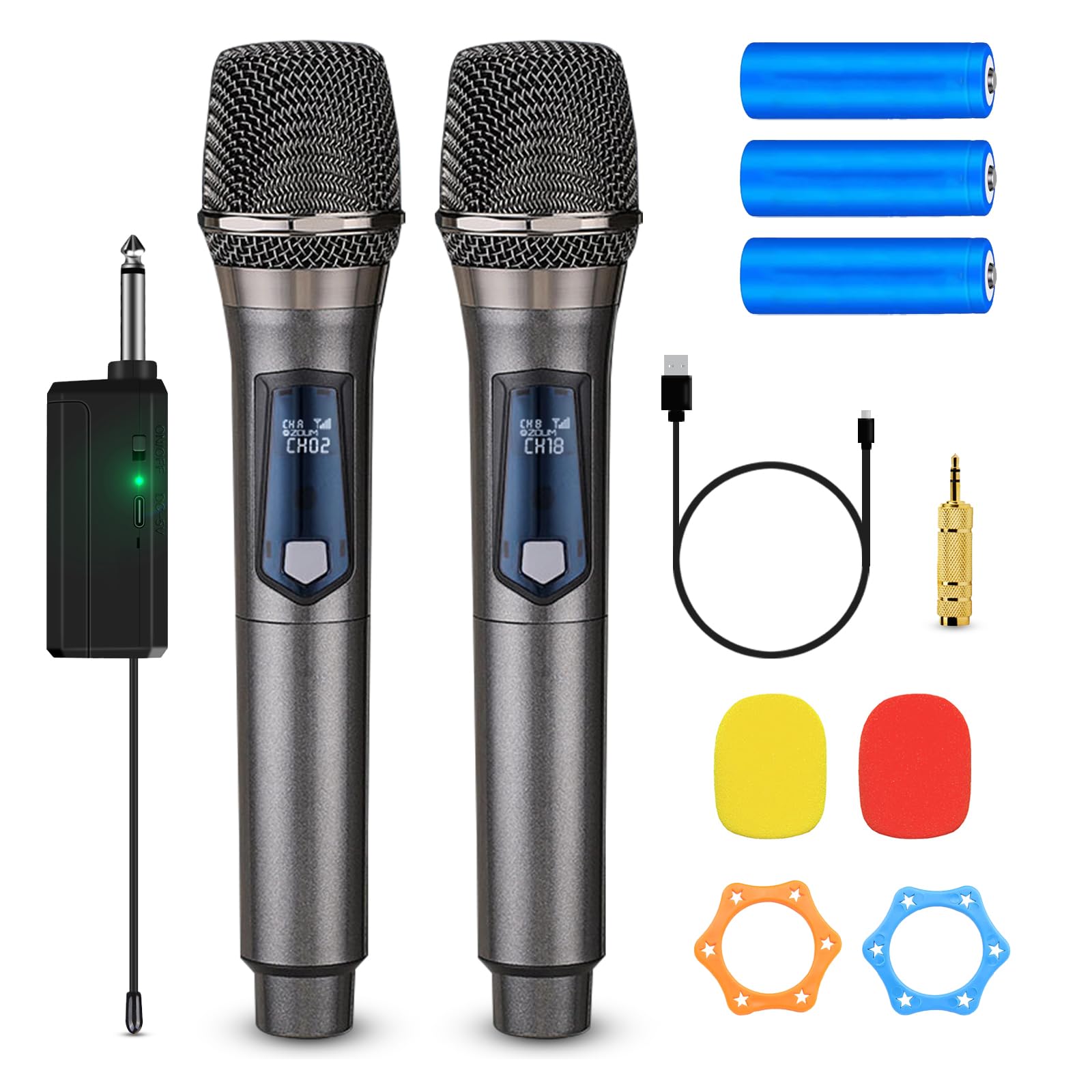 سیستم میکروفون بی‌سیم کارائوکه DBZOU مدل Karaoke با دو میکروفون داینامیک بی‌سیم دستی قابل شارژ و گیرنده، برای خواندن کارائوکه، کلیسا، رپ، ضبط صدا، مراسم عروسی، مهمانی، دی‌جی، اسپیکرها