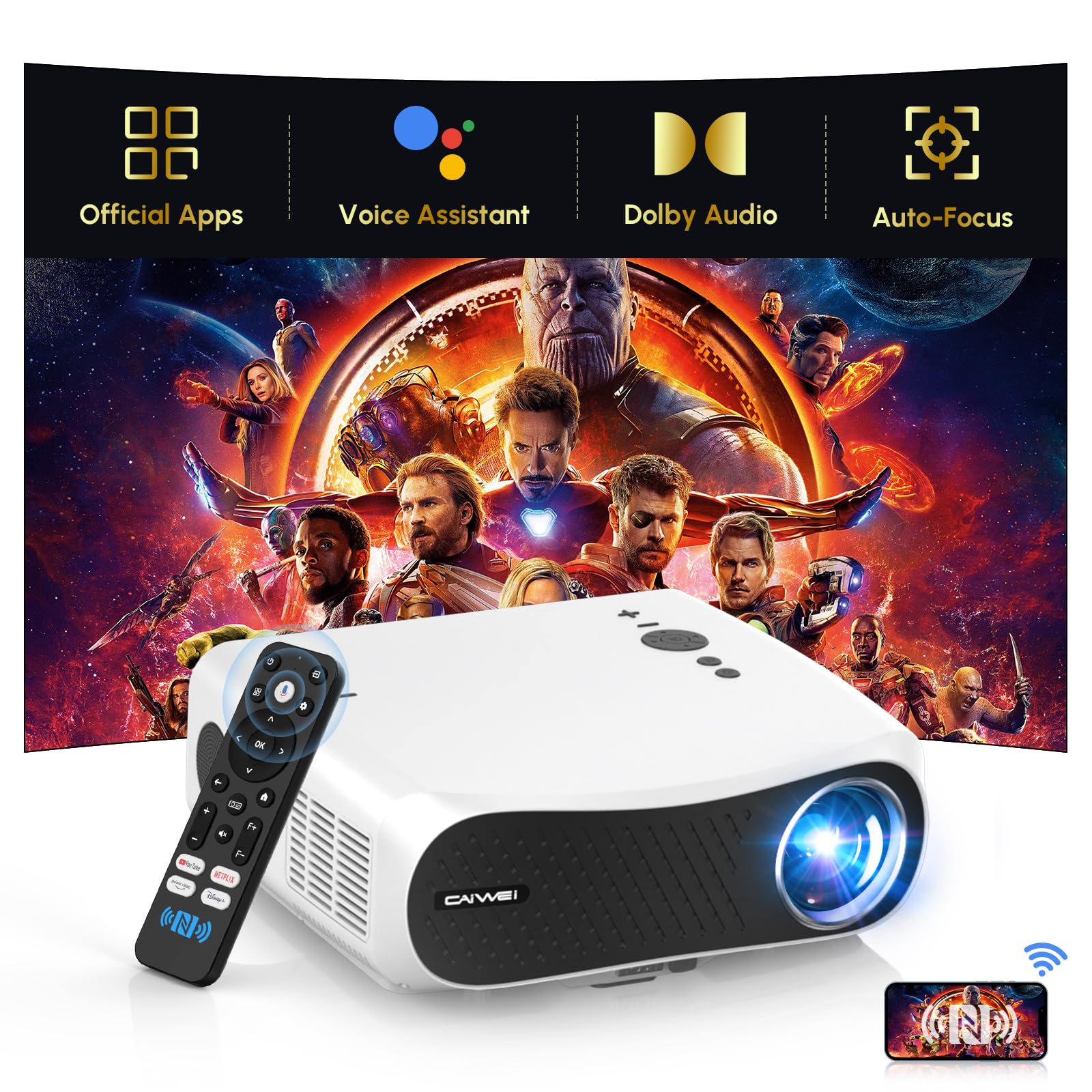پروژکتور هوشمند 4K HDR با WiFi 6، بلوتوث، NFC، با خروجی نور ANSI 1250 لومن برای مشاهده در روز، پخش تلویزیون گوگل با صدای دالبی، پورت HDMI ARC، فوکوس خودکار و کی‌استون، زوم، برای تماشای فیلم و بازی در اتاق خواب سفید