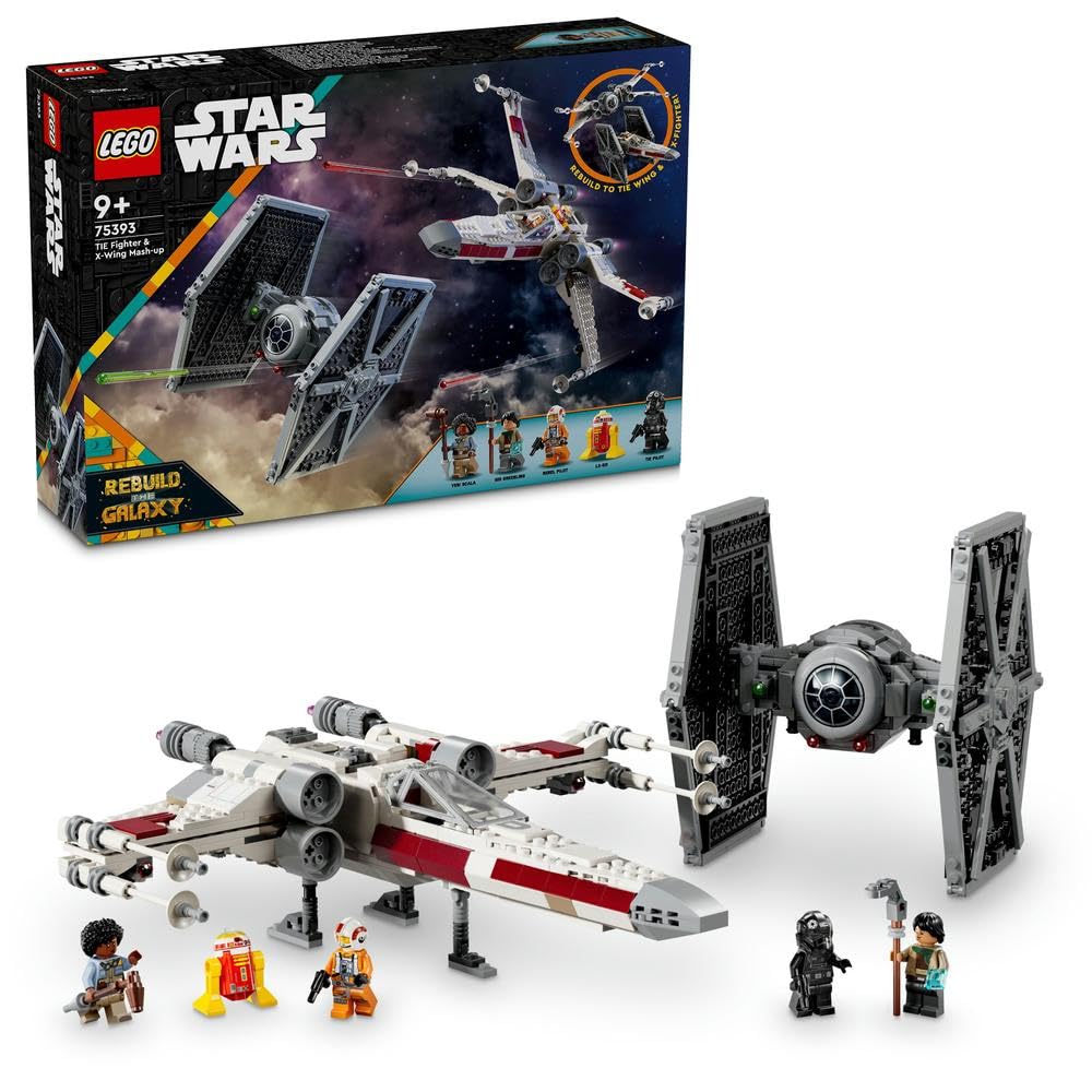 مجموعه همکاری LEGO Star Wars TIE Fighter & X-Wing، اسباب‌بازی ساخت‌وساز ستاره‌جنگی برای کودکان 9 ساله به بالا، وسایل نقلیه با 4 فیگور انسانی و یک فیگور ربات، هدیه‌ی خلاقانه برای پسران، دختران و طرفداران 75393