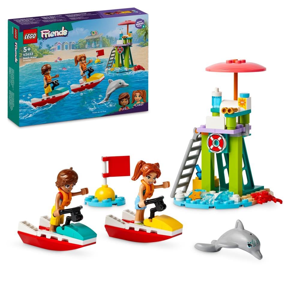 مجموعه ساخت لگو Friends Beach Water Scooter، اسکوتر آبی ساحلی لایف‌گارد برای دختران و پسران 5 ساله و بالاتر، همراه با 2 عروسک کوچک و یک فیگور دلفین برای بازی خلاقانه، ایده هدیه تولد 42623