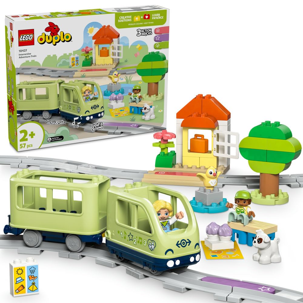 مجموعه قطار ماشین حرکتی LEGO DUPLO، اسباب بازی خلاق مونتسوری برای پسران و دختران 2 سال به بالا، مجموعه یادگیری کودکان با نورها و صداها تشویق به بازی نقش، ایده هدیه 10427