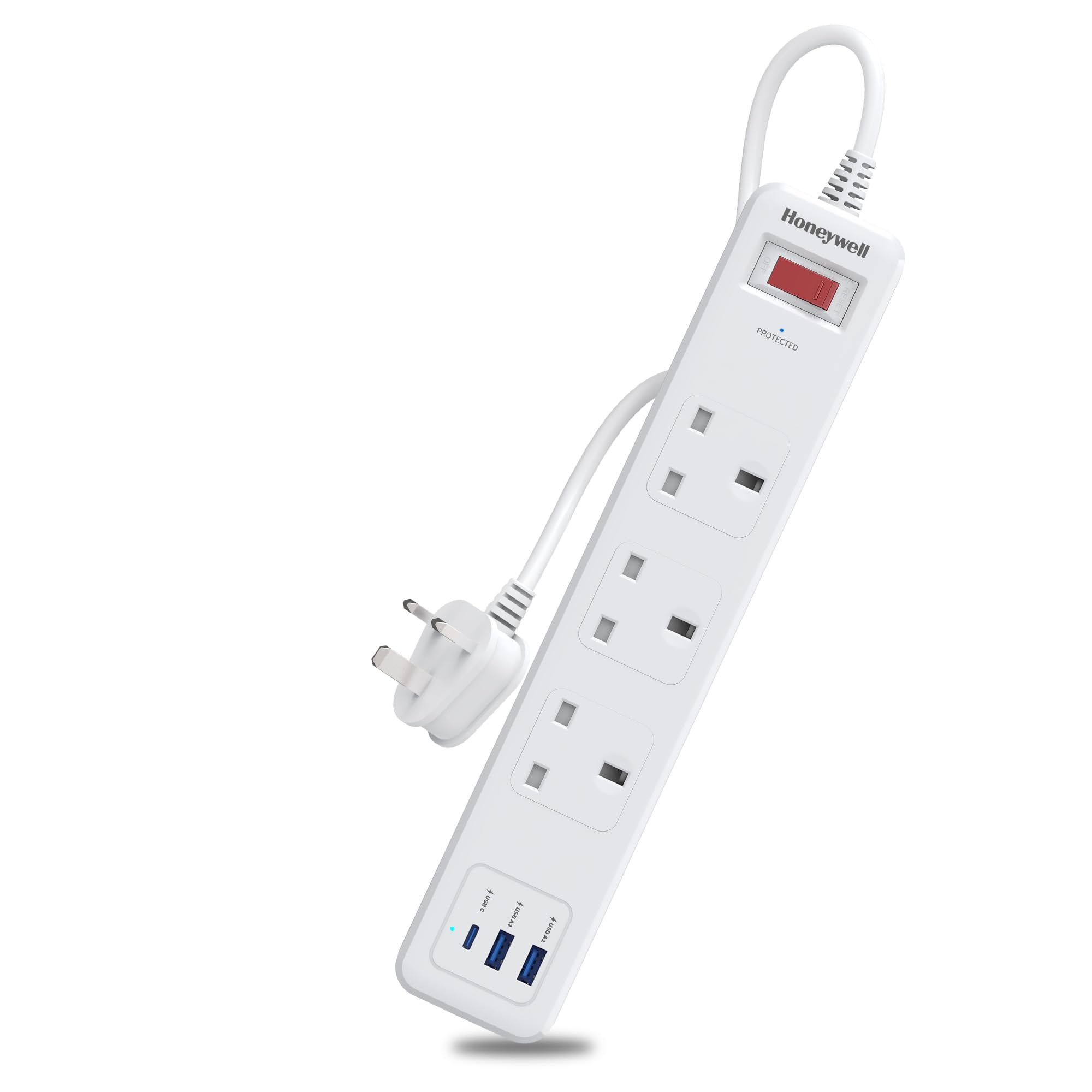 محافظ ولتاژ Honeywell 3 Out با کلید اصلی، Spike Guard / Extension board، 3 پریز، 2xUSB، 471 ژول، کابل 1.8 متری، DSW، محافظت خودکار در برابر بار بیش از حد، ضمانت تولید کننده 3 ساله 3 سوکت + 2 USB + PD 20W