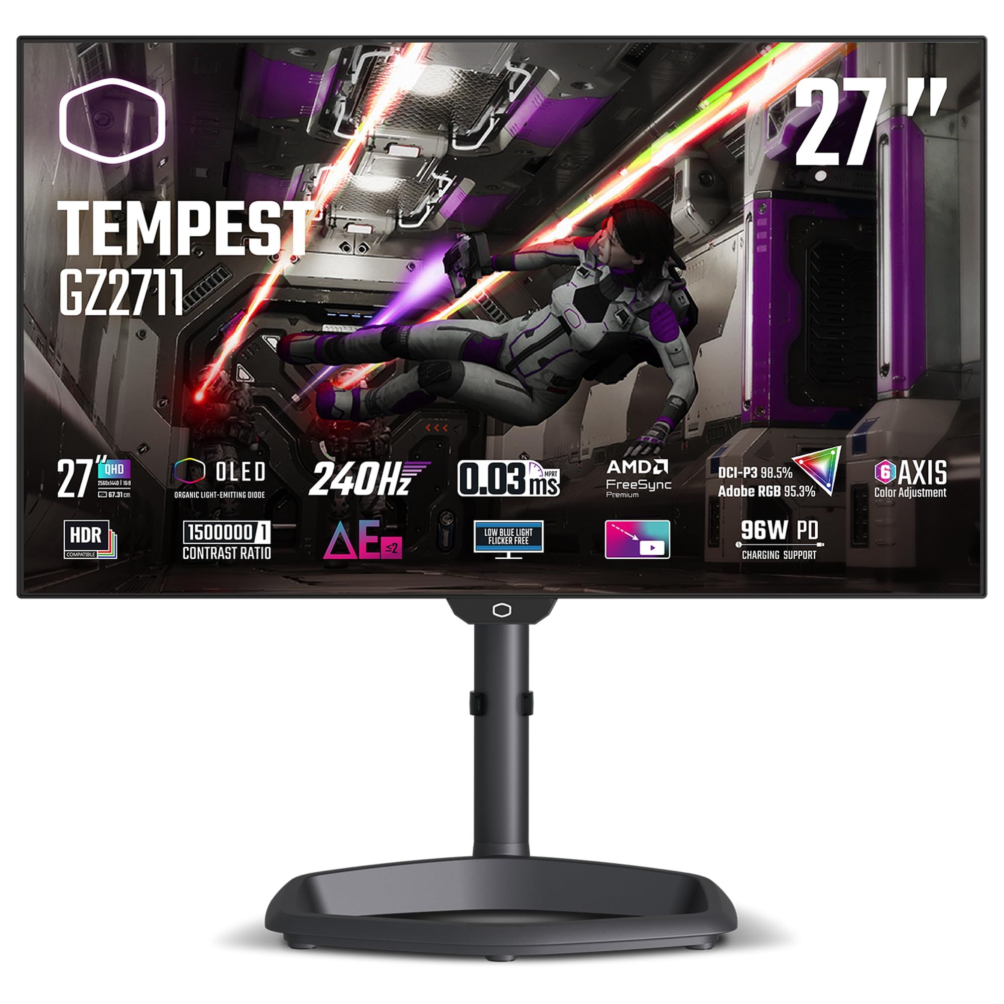 کولر مستر Tempest GZ2711 ۲۷ اینچ اولد ۲K ۱۴۴ هرتز|۲۴۰ هرتز QHD ۲۵۶۰ در ۱۴۴۰ مانیتور کامپیوتر، ۰.۰۳ میلی‌ثانیه (MPRT)، HDR10، DCR، FreeSync Premium، DP1.4 * ۲، HDMI 2.1 * ۲، USB B*۱، USB A*۲، USB C*۱ (CMI-GZ2711-US)