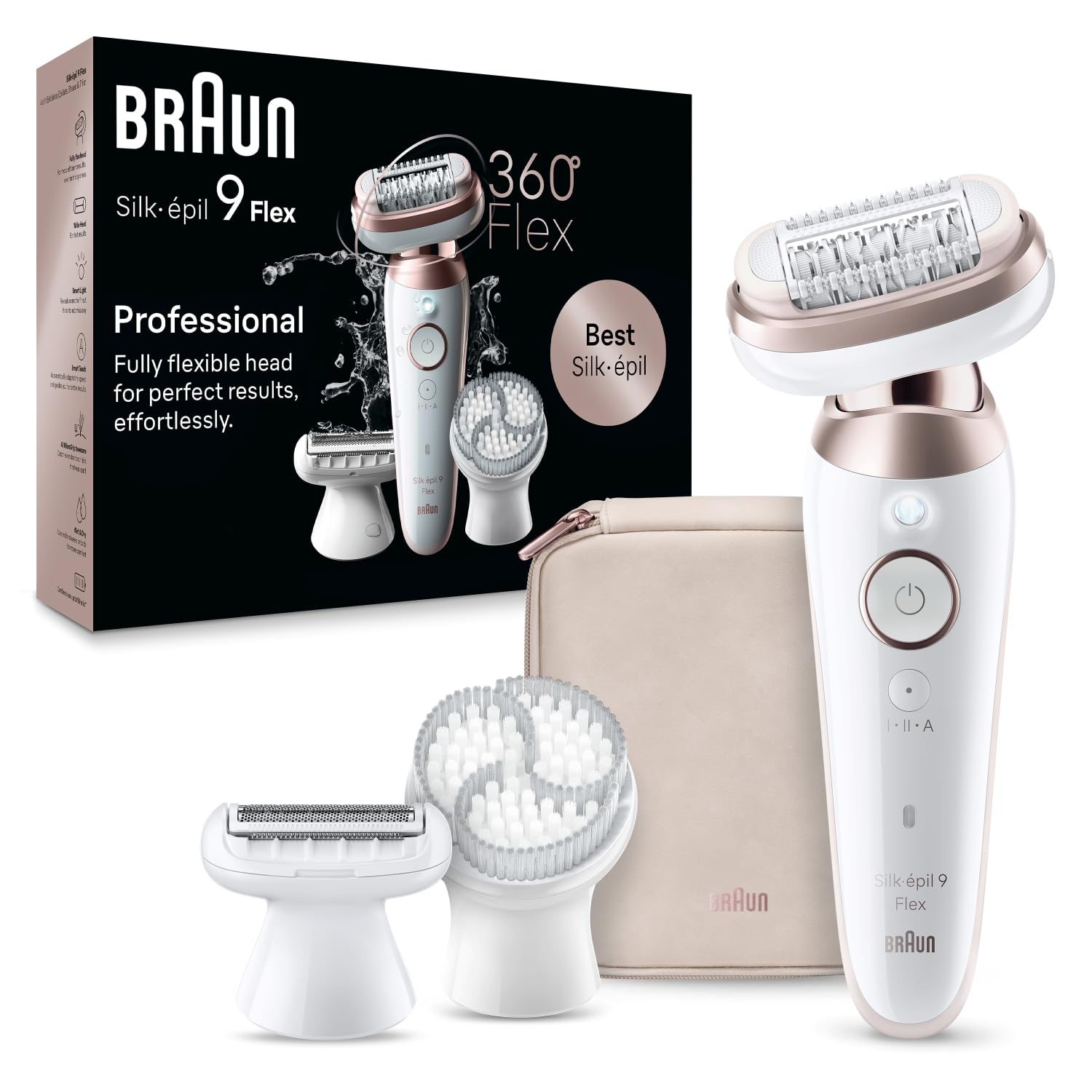براون Silk-épil 9 Flex اپیلاتور زنانه ، اپیلاتور الکتریکی برای زنان با سر 360 درجه ای قابل انعطاف برای اپیلاسیون آسان، تر و خشک، پوست صاف و بلند، 9-060 3D، سفید / صورتی