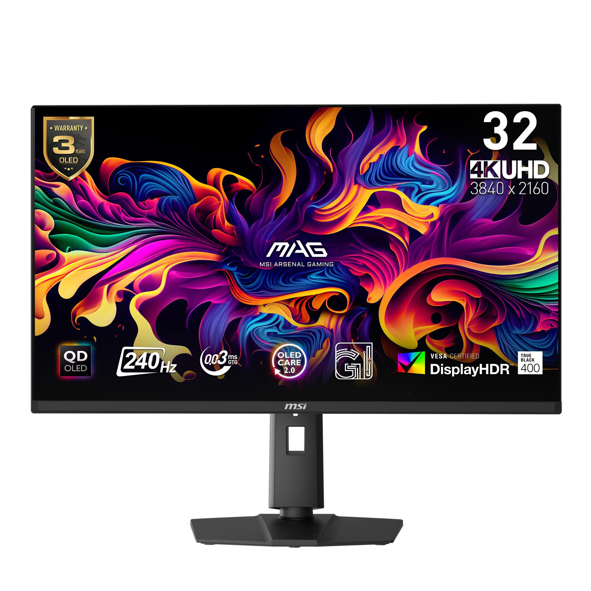 MSI MAG 321UPX QD-OLED، 32 اینچ نمایشگر بازی 4K UHD Quantum Dot OLED، 3840 x 2160، 0.03 میلی ثانیه، 240 هرتز، True Black HDR 400، 90 وات USB نوع C، HDMI، درگاه DP