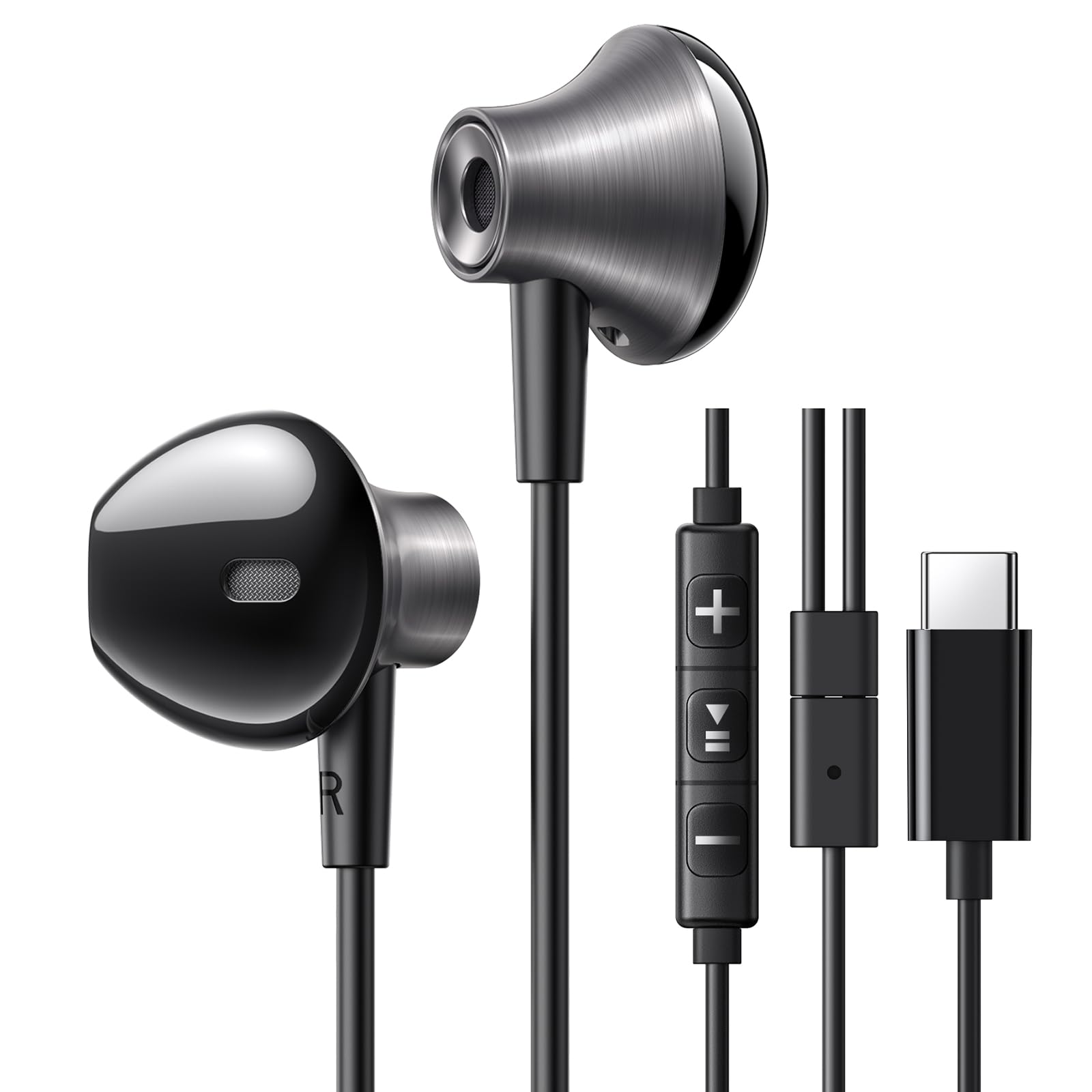 هدفون‌های سیمی درون‌گوشی یوجین USB C با کنترل میزان صدا، هدفون‌های سیمی Type-C با میکروفون سر گیرتنظیم سر و صدا، درایور 14.2 میلی‌متری، برای آیفون‌های سری 16، گلکسی‌های سری S25/S24/S23، آیپد پرو، آیپد ایر