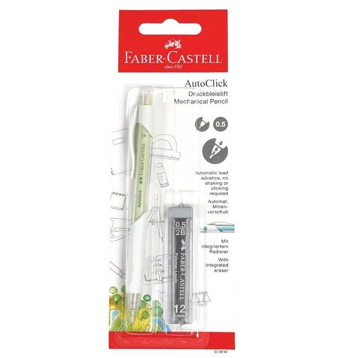 مداد مکانیکی Faber-Castell Autoclick با مینای 0.5 میلیمتر (1 عدد + 1 مینا) رنگ‌های متنوع، دارای پیشرفت خودکار آسان مینا برای نوشتن و نقاشی پیوسته بدون وقفه است.
