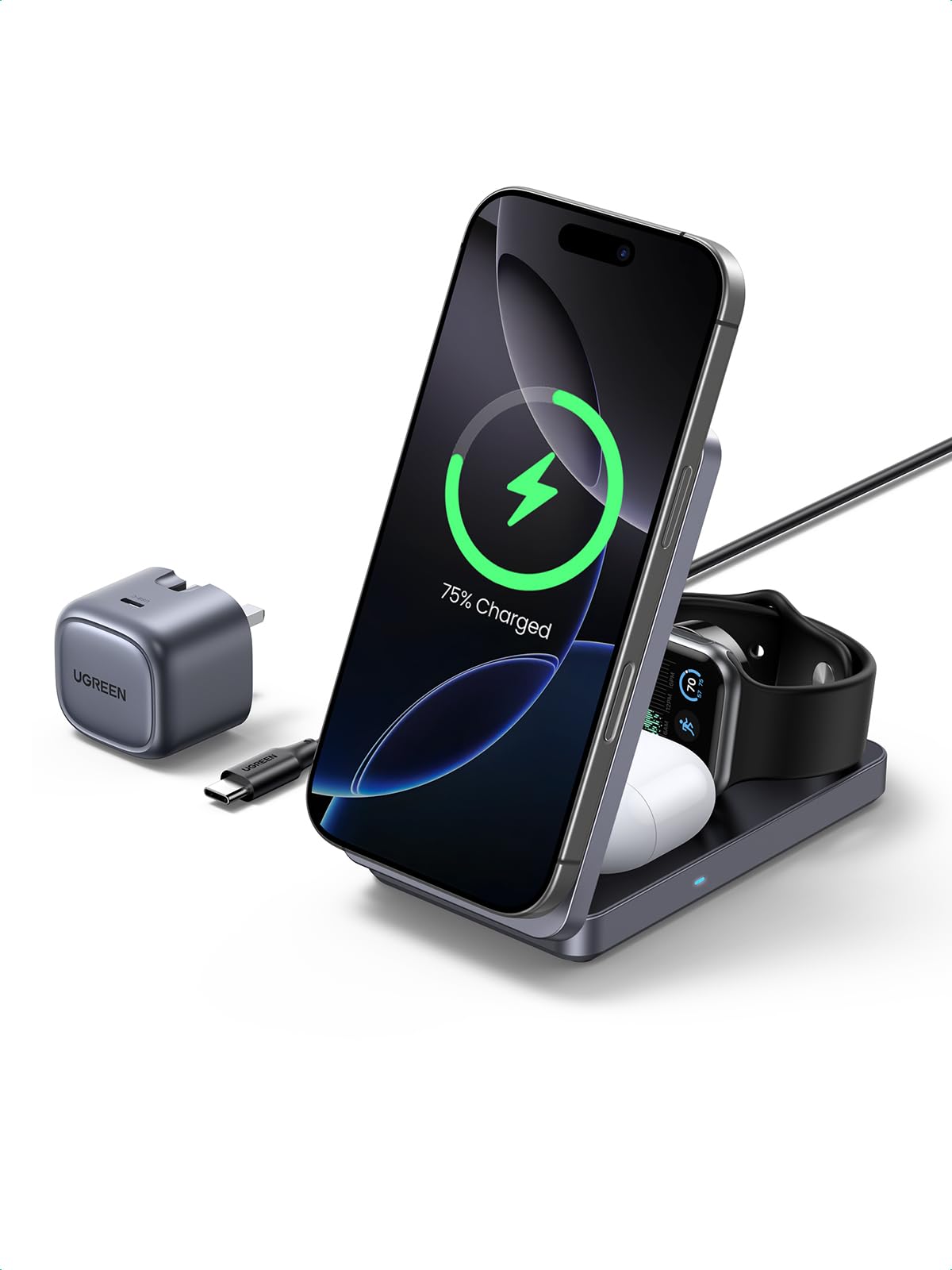 شارژر بی‌سیم UGREEN MagFlow Qi2 15W ، شارژر سریع 3 در 1 Qi2 Certified Stand ، قابل‌تاشو Magsafe با سازگاری آیفون 16/15/14/13/12 ، AirPods 4/3/2 ، و اپل واچ با کابل 1M Qi2 3 در 1