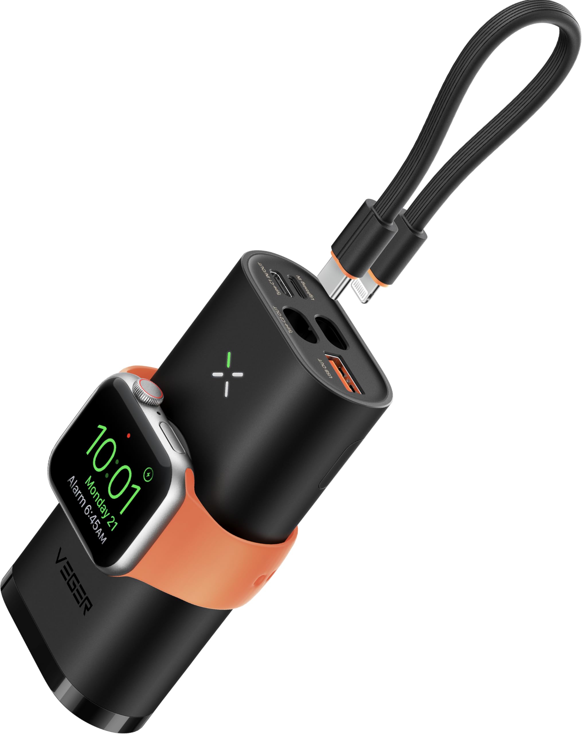 توان و باتری شارژر سریع PD22.5W با ظرفیت 10000mAh از VEGER با کابل داخلی سازگار با آیفون، سامسونگ، گوشی‌های هوشمند اندروید، شارژ بی‌سیم مغناطیسی برای ساعت اپل - رنگ مشکی