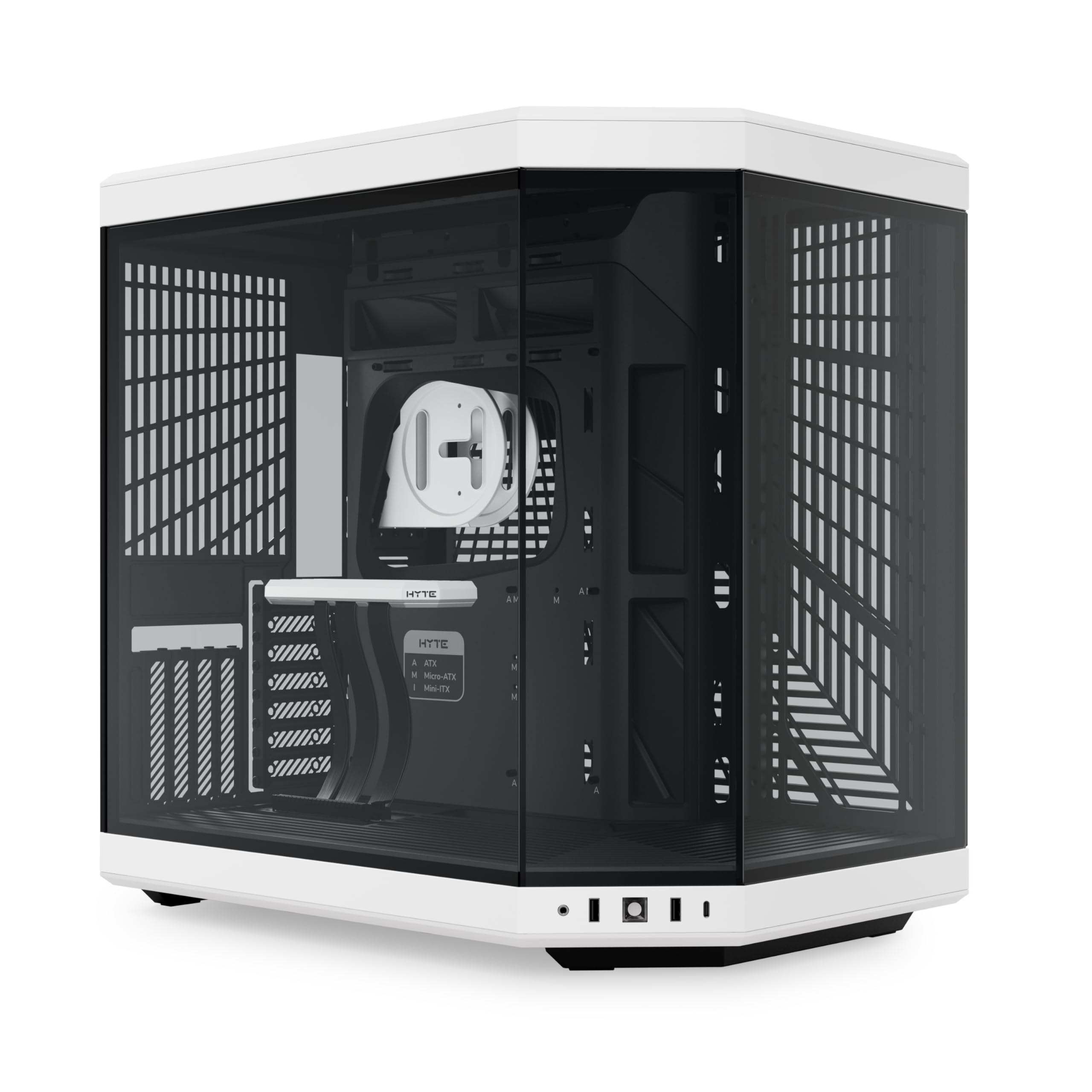 قابلیت‌های مدرن بهبود یافته Dual Chamber زیبایی دار با پنجره شیشه‌ای مقاوم Mid-Tower ATX کیس کامپیوتر با کابل PCIE 4.0 Riser گنجانده شده، سفید (کد CS-HYTE-Y70-BW)