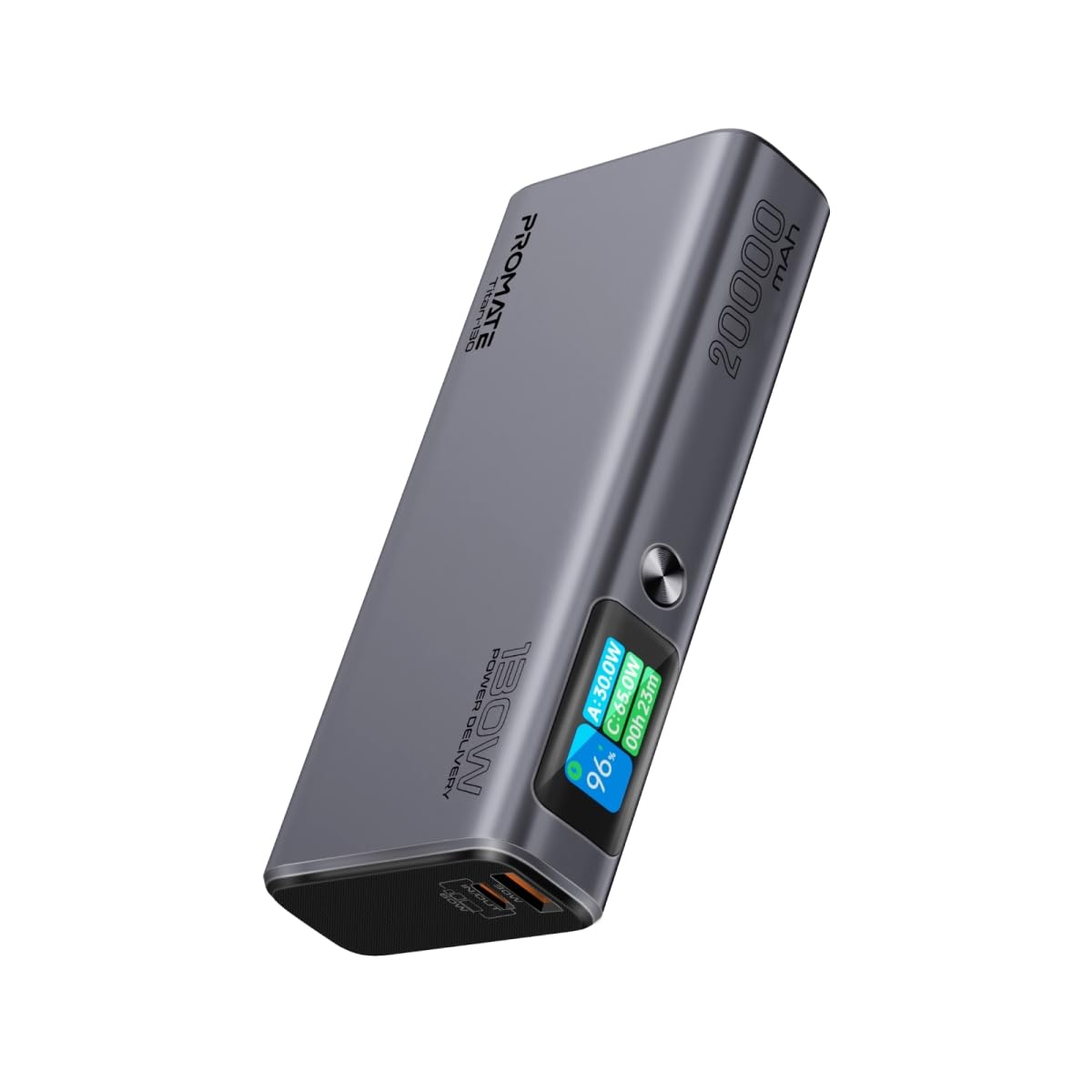 پاور بانک قدرتمند و باریک Promate  Universal با ظرفیت 20000mAh، دارای ورودی و خروجی دوگانه USB-C، نمایشگر TFT LCD هوشمند، قدرت تحویل تا 130 وات، و قابلیت حفاظت در برابر گرمای بیش از حد، مدل Titan-130 (130W)