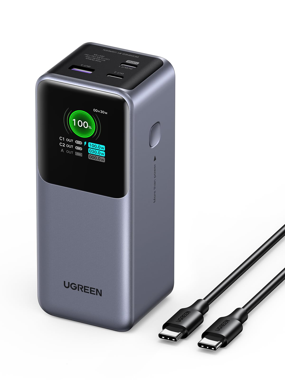 شارژر قدرتمند UGREEN Nexode Power Bank 20000mAh 130W، دارای شارژ سریع، 2 پورت USB-C و 1 پورت USB-A، نمایشگر دیجیتال هوشمند، مناسب برای دستگاه‌های Dell، HP، ASUS، iPad Pro، iPhone 16 Series، Galaxy S24، AirPods و غیره.