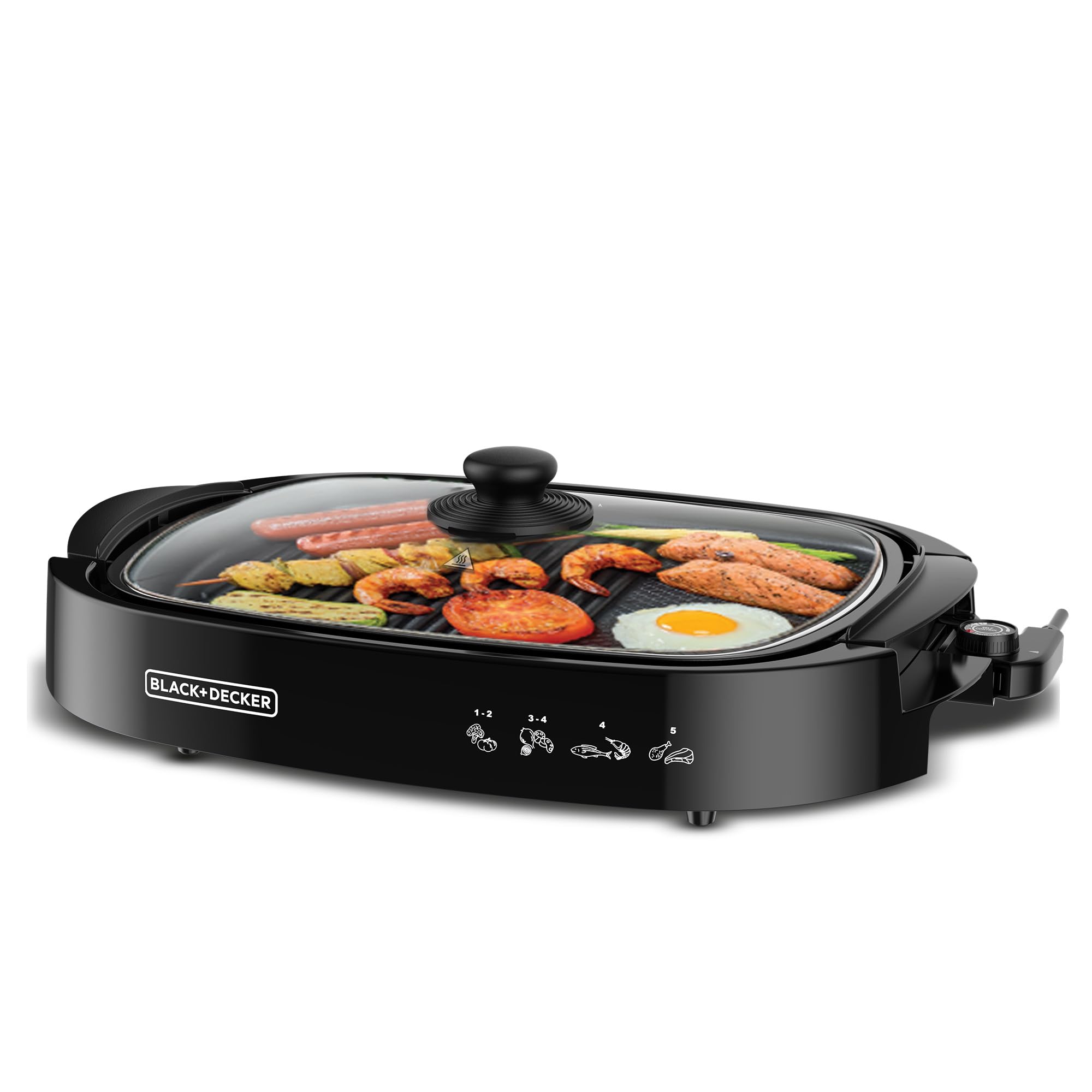 اینستاگرامت، GRILL اکتریکی BLACK+DECKER، ۱۵۰۰ وات، GRIDDLE خانوادگی غیر چسبنده با درپوش شیشه‌ای، کنترل دمای ۵ سطحی، دستگیره‌های لمسی خنک، دفع چربی کارآمد، قابل شستشو در ماشین ظرفشویی، مشکی - GH1500-B5 GRIDDLE تخت با درپوش شیشه‌ای