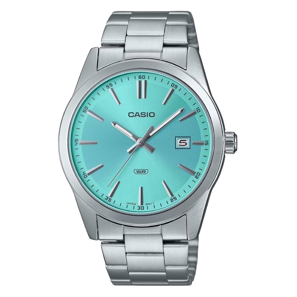 ساعت مردانه Casio - MTP-VD02B-1EUDF با قاب سیاه و صفحه نمایش نقره‌ای / فیروزه‌ای