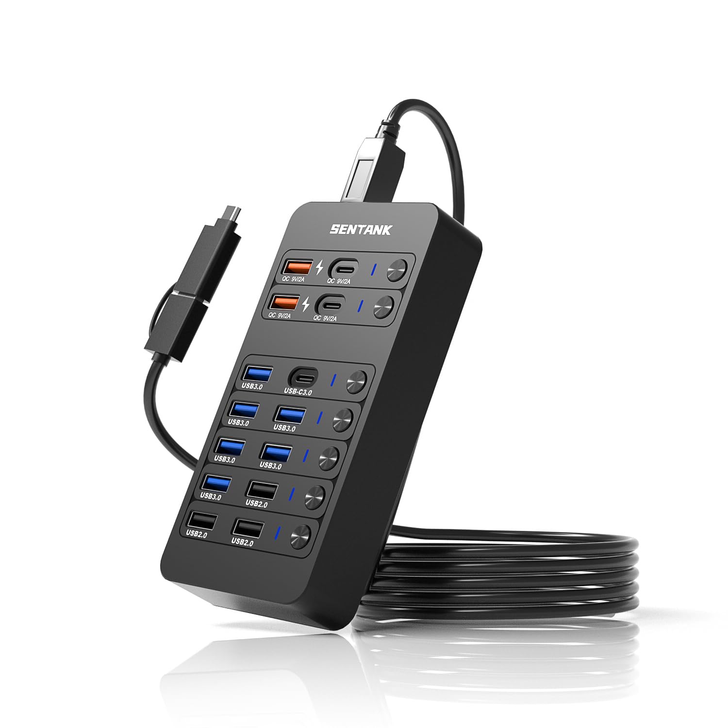 هاب USB برق‌دار SENTANK، هاب/تقسیم‌کنندهٔ داده با ۱۴ پورت شامل ۶ پورت USB 3.0، ۴ پورت شارژ، ۱ پورت دادهٔ USB‑C 3.0، ۱ پورت شارژ PD با توان ۶۰ وات، به‌همراه LED و کلیدهای روشن/خاموش مستقل؛ مناسب برای مک‌بوک، مک پرو و لپ‌تاپ/رایانهٔ شخصی. هاب USB برق‌دار با ۱۴ پورت