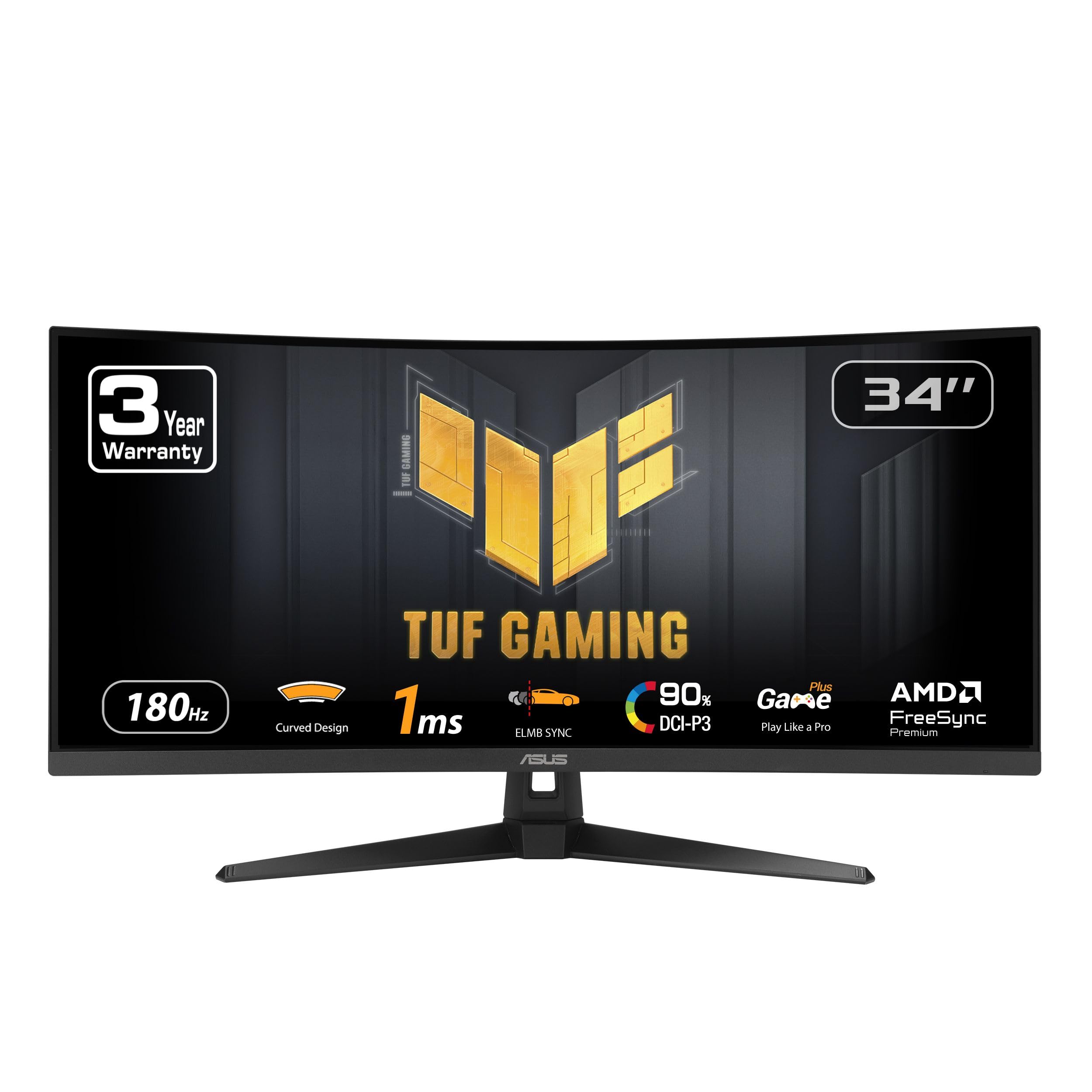 مانیتور گیمینگ ASUS TUF فوق العاده چیدمان همه جانبه معمولی 34 اینچ (VG34VQ3B) - QHD (3440x1440) 21-9، 180Hz، 1ms، همگام سازی تاخیر حرکت بسیار پایین، FreeSync Premium، اسپیکر، 90٪ DCI-P3، DisplayWidget Center، گارانتی 3 ساله 34 اینچ منحنی UWQHD 21:9 180Hz
