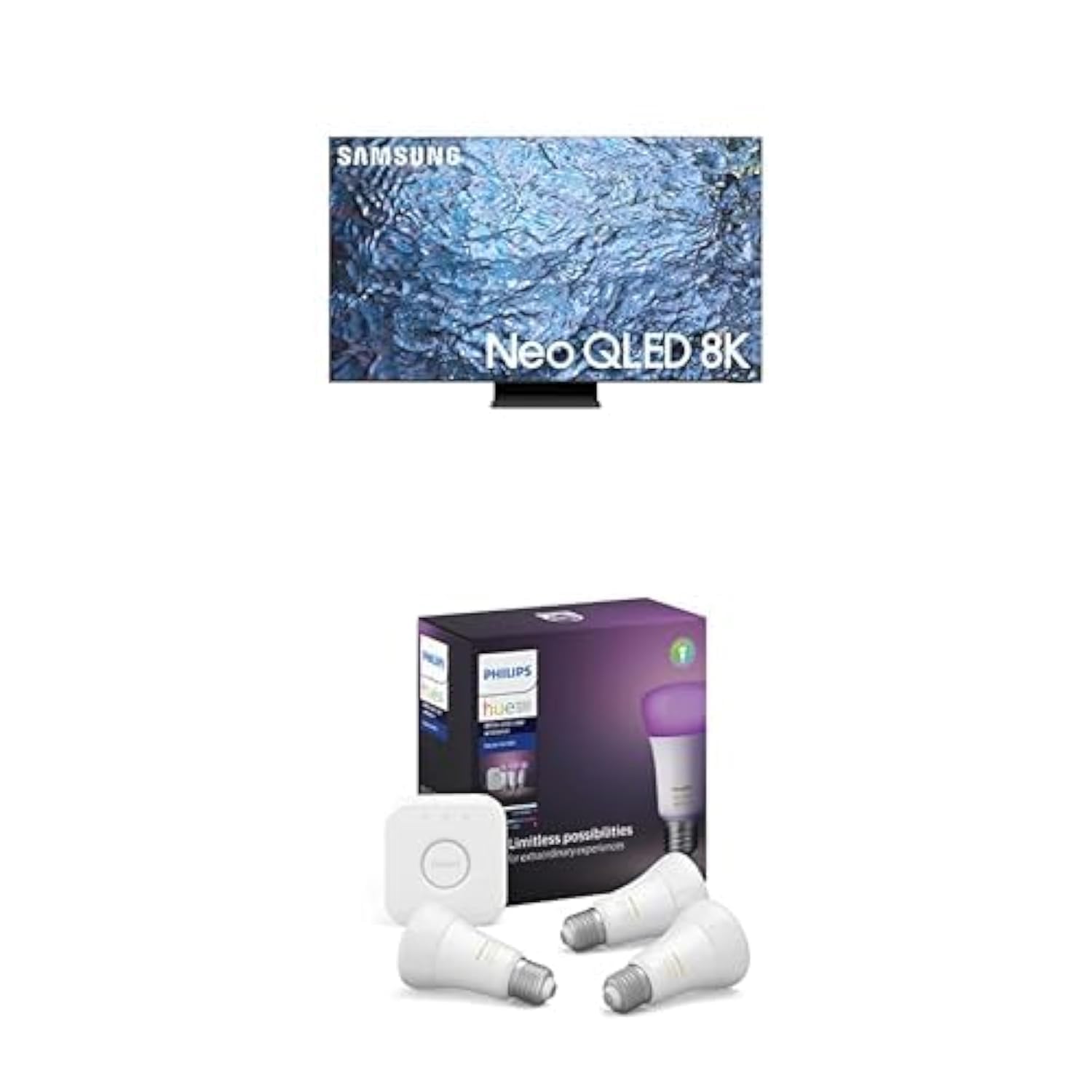 تلویزیون سامسونگ 65 اینچ Neo QLED 8K با پردازنده 8K کوانتومی نورال و صفحه نمایش Infinity - مدل QA65QN900CUXZN (مدل 2023)، همراه با چراغ هوشمند Philips Hue Ambiance LED - کیت شروع (3 لامپ و پله)