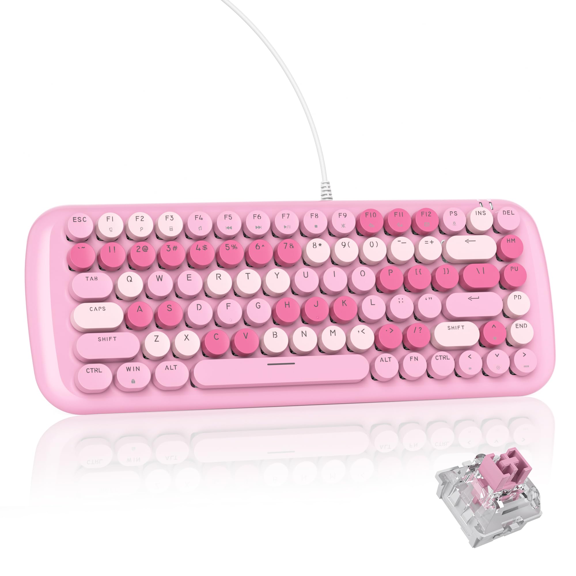 iRoboosta صورتی کرم مکانیکی مکانیکی بازی، کیبورد زیبا با نور پس‌زمینه سفید، 84 کلید کوت Typewriter Retro Cute Computer Keyboard سیمی با سوئیچ صورتی، Round Keycaps برای ویندوز/کامپیوتر/پلی‌استیشن۵ (صورتی) 84 صورتی/سوئیچ صورتی