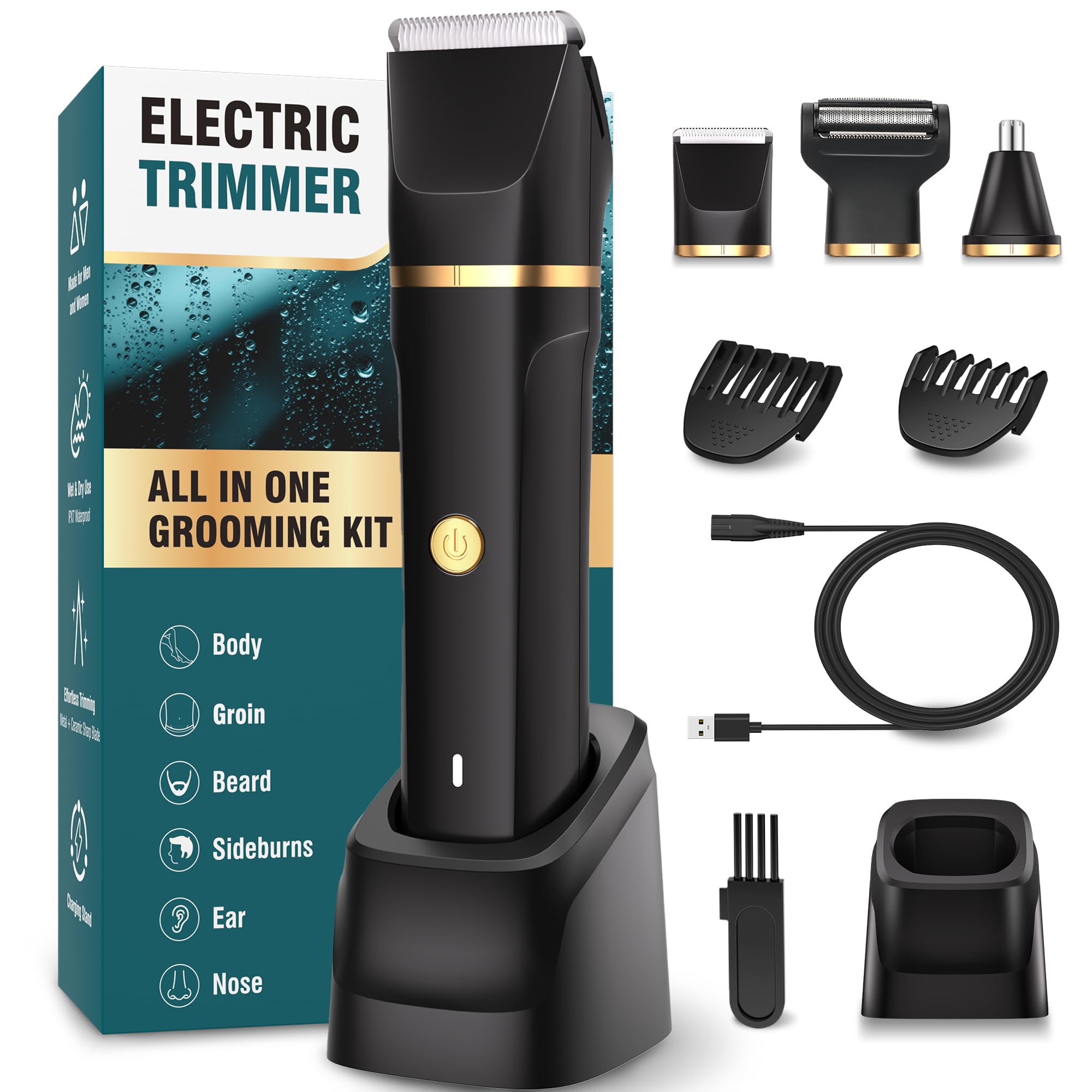 ماشین اصلاح حرفه‌ای هوپو مردانه، 3 در 1 برای موهای بینی و تراشیدن، برقی با ایستگاه شارژ، قابل استفاده در حالت خشک و تر، مناسب برای تراشیدن مناطق حساس مردانه از جمله سینه، پا، بغل، سرخرگ بینی، رنگ مشکی، رطوبت پذیری کلاسه IPX7