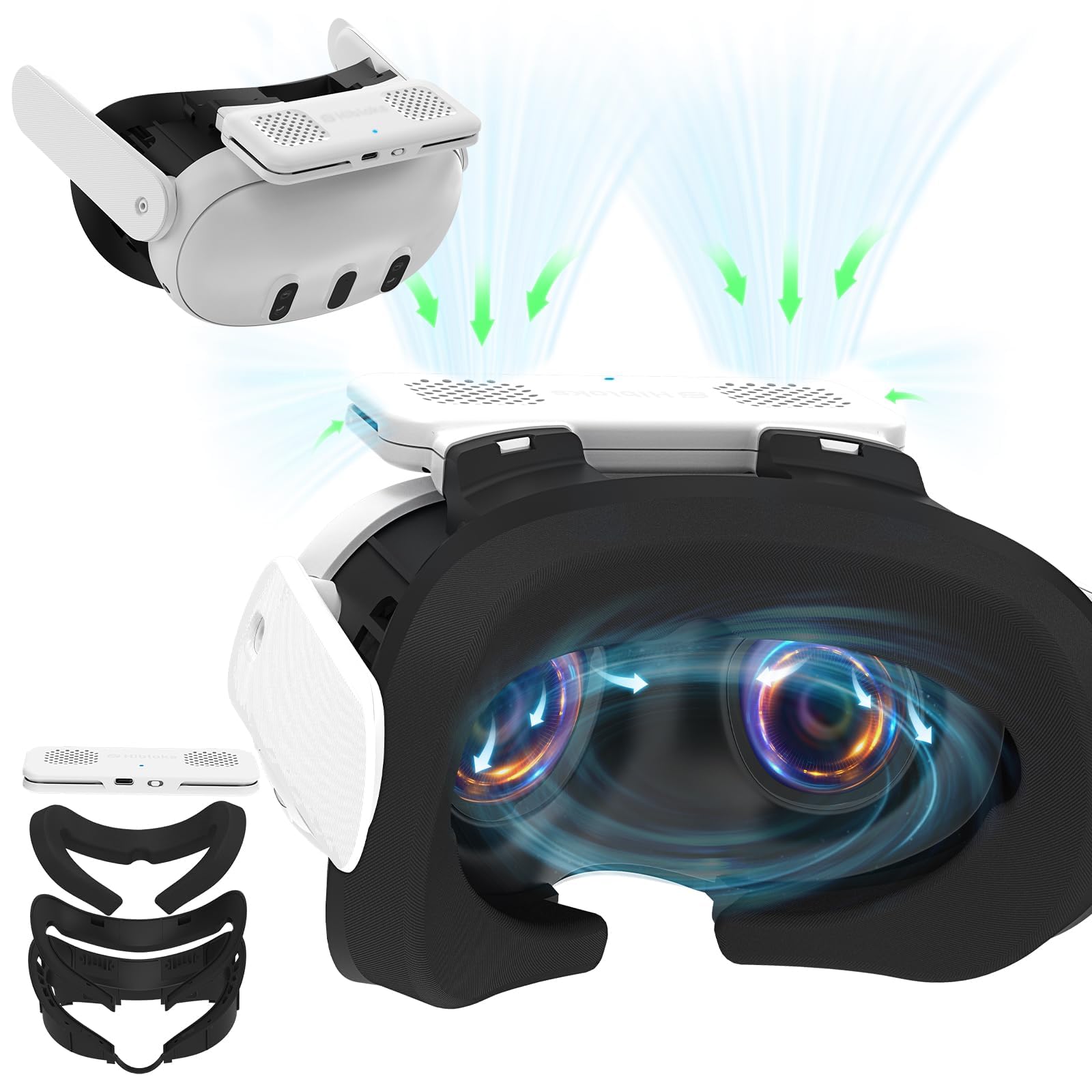 ماسک فن خنک کننده KASTWAVE برای لوازم جانبی Meta/Oculus Quest ۳، هوا را به دور نگه می دارد تا مه روی عینک را حذف کند (پنبه ای نخی ایس اسلیم تنفسی) پد صورت ۳ در ۱ با پد افزایش دهنده برای افرادی که عینک می‌زنند