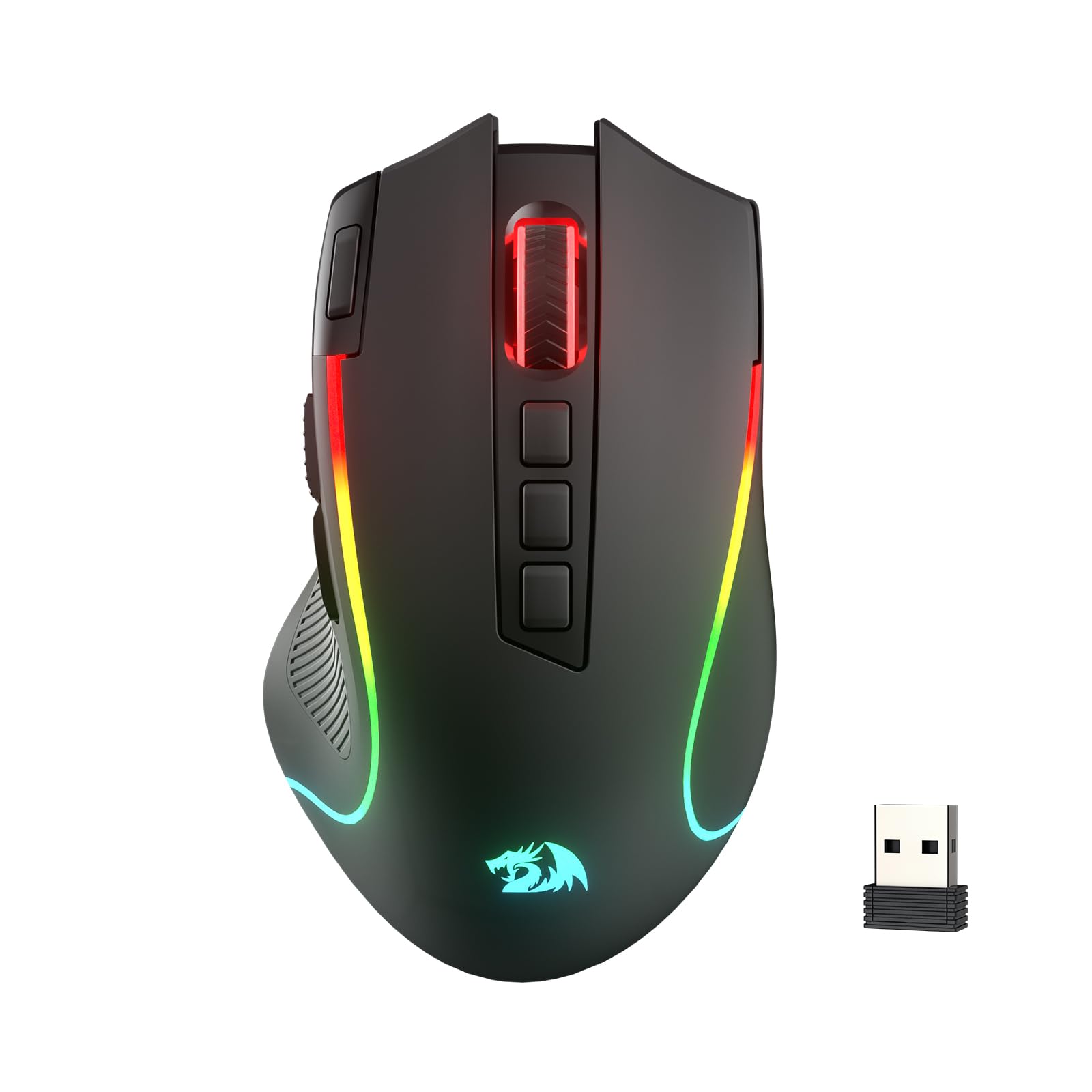 ماوس بازی Redragon M612 PRO RGB، با حسگر نوری با سیم / بی‌سیم 8000 نقطه در اینچ و 9 دکمه قابل برنامه‌ریزی و 7 حالت نورپردازی پشتیبانی از بلوتوث و فرکانس 2.4 گیگاهرتز بی‌سیم، نرم‌افزار از بینی دکمه‌های سریع و مدرن سیاه رنگی حمایت می‌کند.
