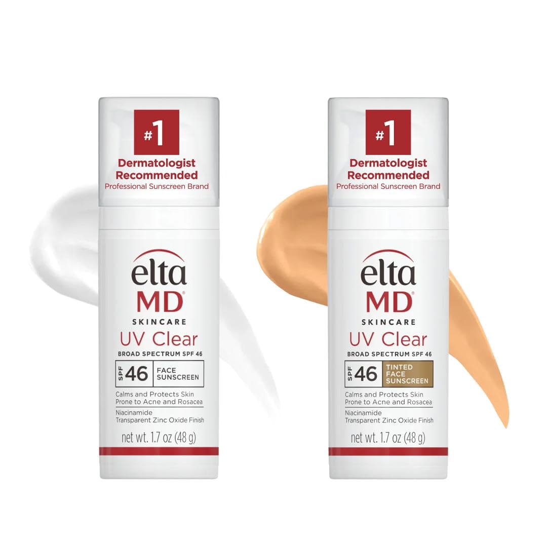 EltaMD UV Clear, مجموعه دوتایی UV Clear Tinted، کرم ضدآفتاب صورت SPF، حفاظت طیف گسترده تر Vتنید و بی تنید برای پوست حساس ۱.۷ اونس (بسته ۲ تایی بی تنید و تنید)