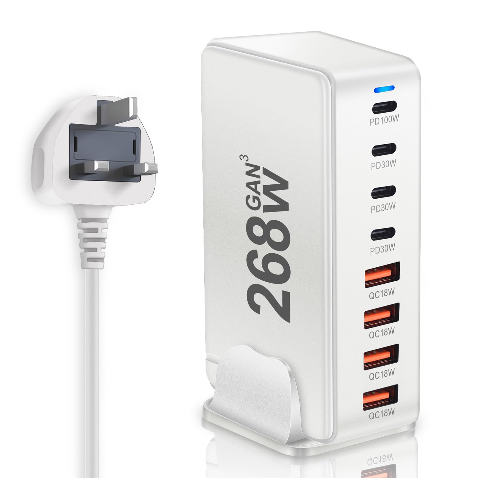 ایستگاه شارژ PINREK 268W، شارژر USB C، شارژر سریع GaN با 4 پورت Type-C (100 وات، 4x 30 وات) و 3 پورت USB (QC18W) برای مک بوک، آیفون، گلکسی، آیپد، هونور و ... (سفید)