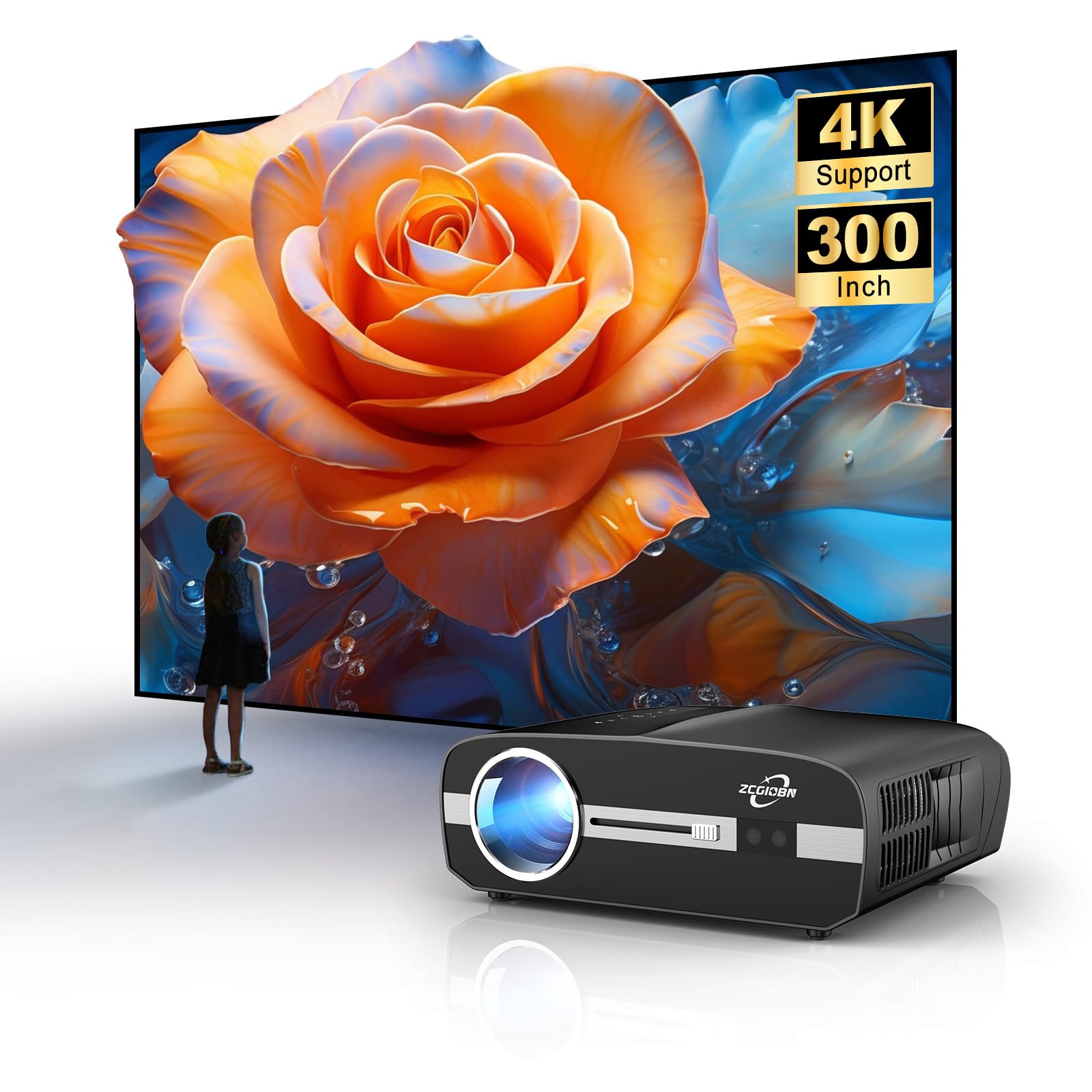 پروژکتور خانگی هوشمند 4K Daylight LED با 1000 ANSI لومن، پروژکتور سقفی سینمایی Full HD 1080P با Android، وای فای 5G، بلوتوث، قابلیت نصب بازی و فیلم، سازگار با HDMI USB RJ45 LAN، زوم 50٪، کی‌استون 4D، Airplay، رنگ مشکی