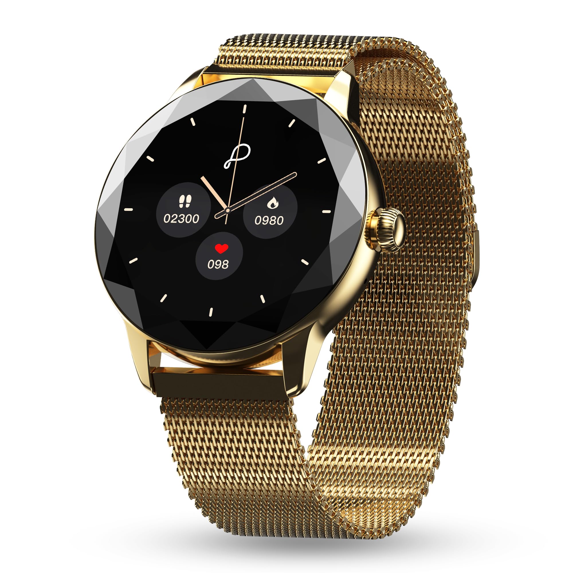 Pebble Vienna با نمایشگر 1.27 اینچ HD 360x360، تماس بلوتوث، طراحی برش الماس، نظارت بر سلامتی زنان، نظارت بر ضربان قلب، نظارت بر خواب، حالت ورزشی چندگانه، 200 میلی‌آمپر... طلا کلاسیک