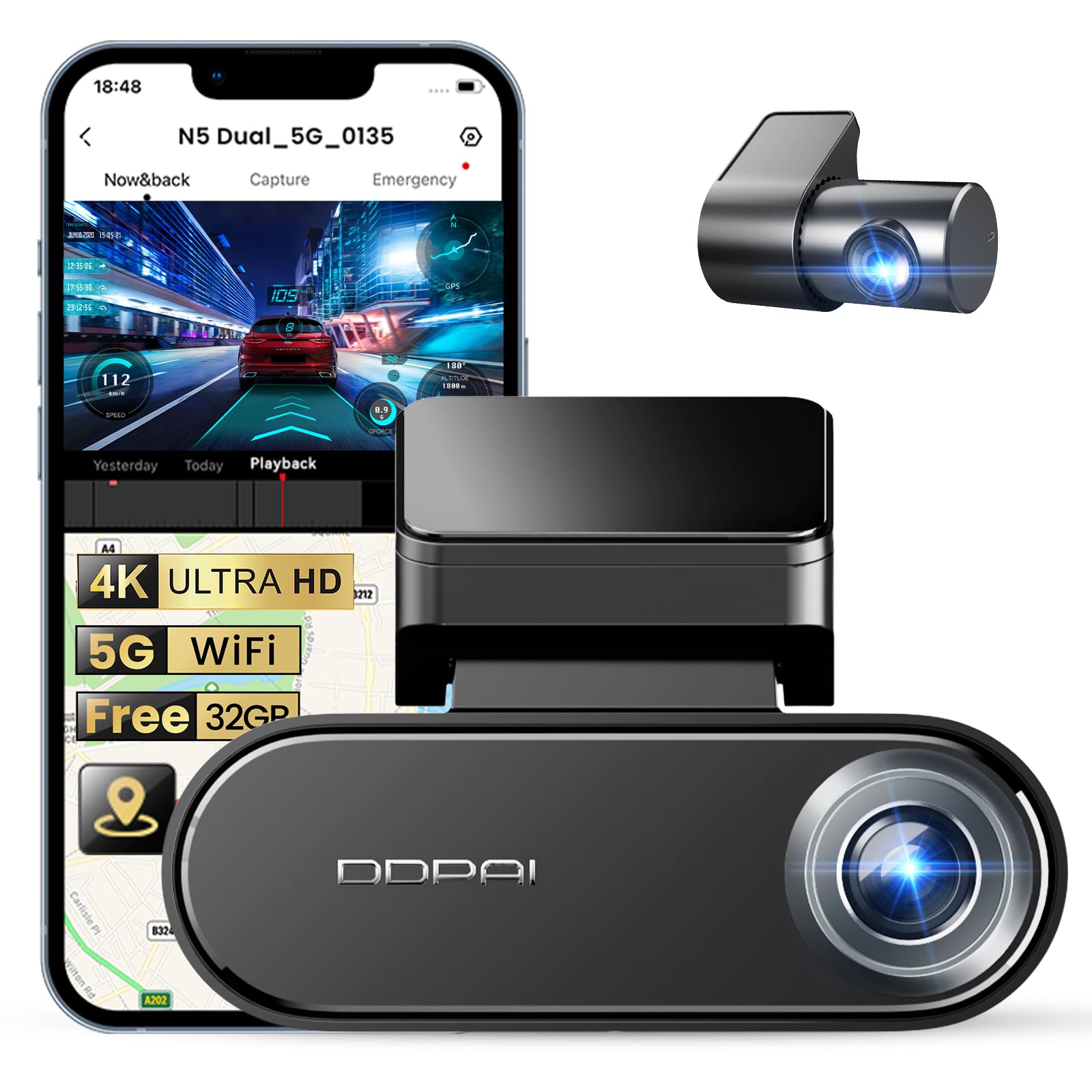 دوربین دش کم DDPAI 4K برای اتومبیل، جلو و عقب 2160P+1080P دوربین داشبورد با حافظه داخلی 32G eMMC ADAS 5G WiFi GPS با کنترل از طریق اپلیکیشن نظارت پارکینگ 24 ساعته، مانیتور پنجره N5.