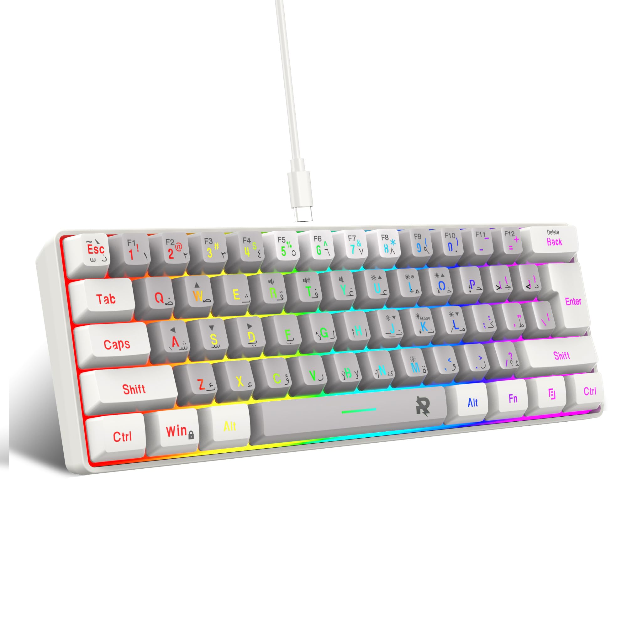 کیبورد با سیم با نورپردازی RGB ROCK POW Arabic English 60%، مناسب برای بازی کردن، نوشتن، مسافرت و استفاده در سفرهای کاری که دارای 61 کلید فوق‌العاده کوچک و ضدآب می‌باشد. سبک و قابل حمل برای استفاده در کامپیوترهای شخصی/مک.