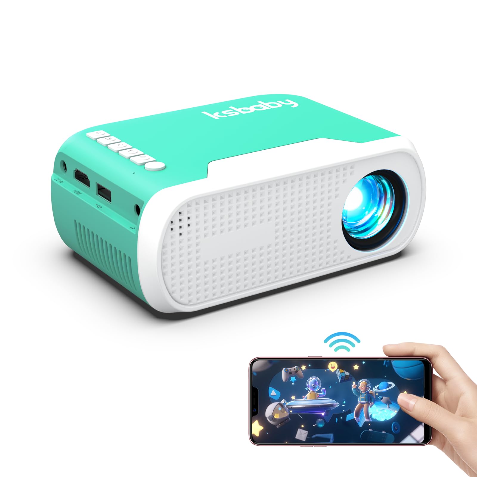 پروژهور کوچک Mini Projector وای فای تئاتر منزل پرتابل، تلفن‌ها می‌توانند از طریق وای فای یا کابل داده به پروژکتور فیلم متصل شوند، سازگار با گوشی‌های هوشمند/ تبلت/ لپتاپ/ تلویزیون استیک/ فلش USB سبز نعنایی