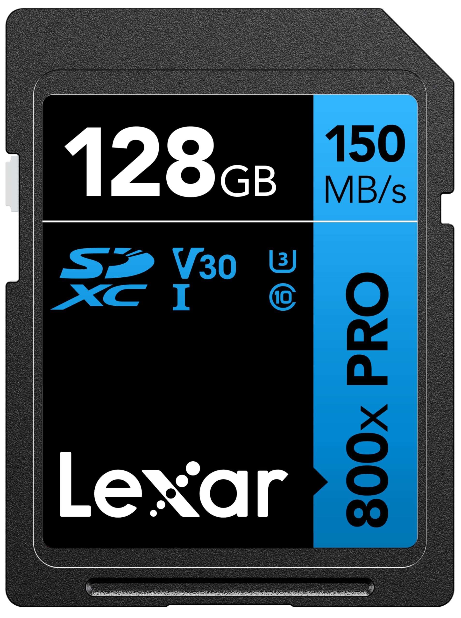 کارت حافظه 128GB لکسار با عملکرد بالا 800x PRO SDXC UHS-I، C10، U3، V30، ویدیو 4K UHD، سرعت خواندن تا 150MB/s، برای دوربین‌های نقطه‌و-شوت و دوربین‌های مدل میانه DSLR، و دوربین‌های همراه HD (مدل LSD0800P128G-BNNNU)، 150MB/s، 128GB تکی