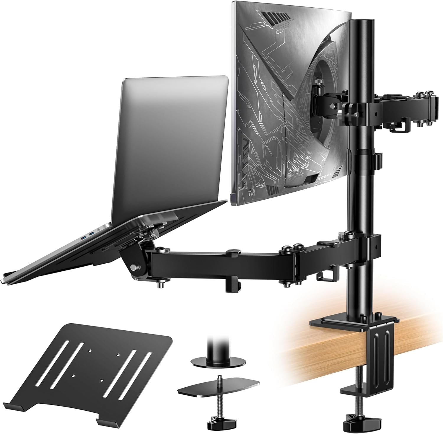 HEYMIX PROFESSIONAL دوگانه تراي Monitor Arm با سینی لپ تاپ - دوگانه Vesa Mount Arm، ایستاده Monitor با دارنده لپ‌تاپ، نصب صفحه دوگانه برای 13-32 "، 2 Vesa Stand تا 8 کیلوگرم برای بازی و دفترکار