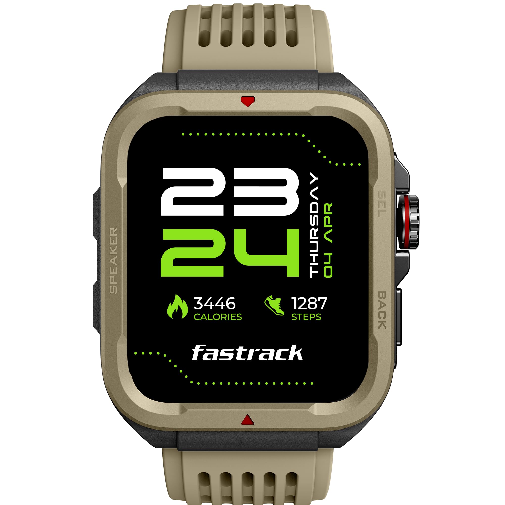 ساعت هوشمند قوی Fastrack Active Rugged با نمایشگر UltraVU HD 1.83 اینچ | تماس BT SingleSync | کراون کاربردی | بیش از 100 حالت ورزشی | مربی AI | تشخیص خودکار چند ورزش | دستیار صوتی AI | سوئیت سلامت 24x7 | IP68 قهوه ای