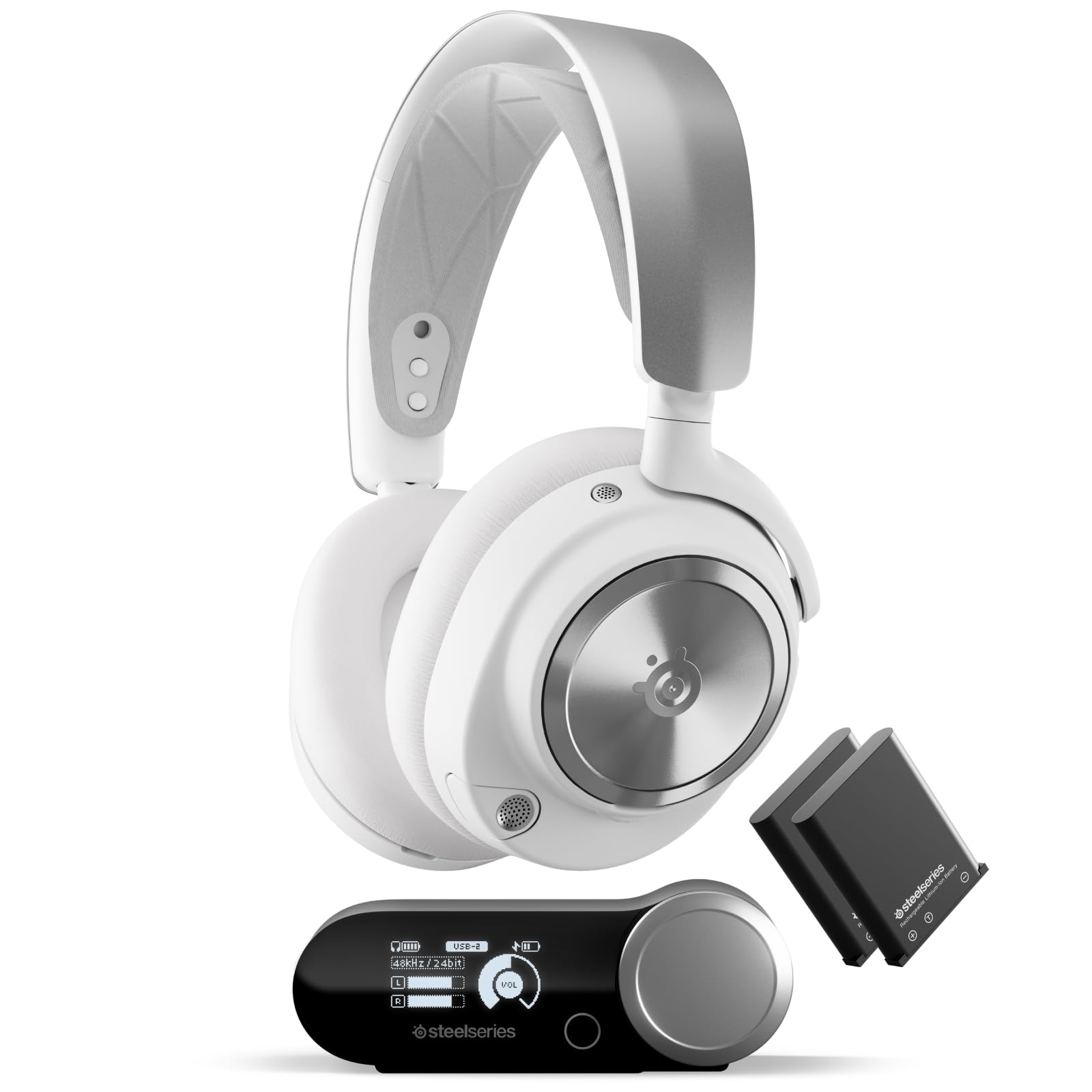 هدست گیمینگ بی‌سیم چندسیستمی SteelSeries Arctis Nova Pro - درایورهای مغناطیسی نئودیمیم - کنسل‌کردن فعال نویز - سیستم قدرت بی‌نهایت - میکروفون ClearCast نسل دوم - PC، PS5، Switch، موبایل - رنگ سفید