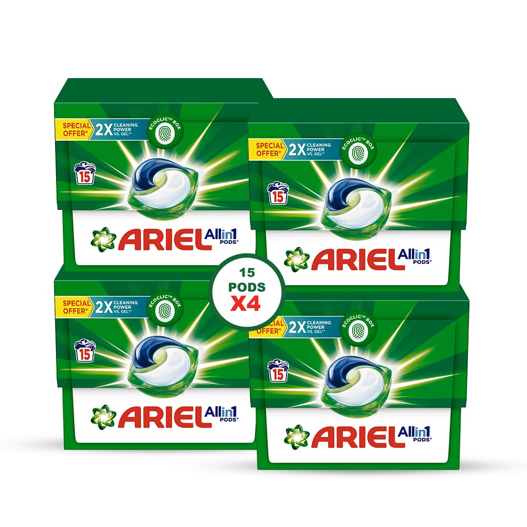 سفارشی اصلی آریل All-in-1 Pods، 15 عدد پاک کننده لباس. تمیز می‌کند، لکه‌ها را بر می‌دارد و روشن می‌کند (بسته ۴ عددی)، 60 پاک کننده
