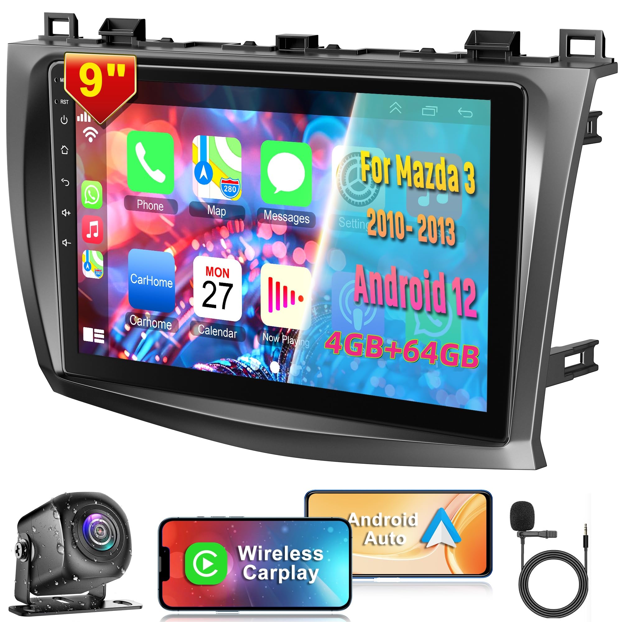 رادیو استریو خودرو 4G + 64G برای مزدا 3 مدل‌های 2010 تا 2013 ، رادیو صفحه لمسی اندروید 12 اینچی با کارپلی بی‌سیم ، اندروید اتو ، GPS ناویگی ، WiFi 5G ، بلوتوث 5.2 ، دوربین عقب با کیفیت HD ، کنترل‌های دستی فرمان (SWC) ، رادیو FM