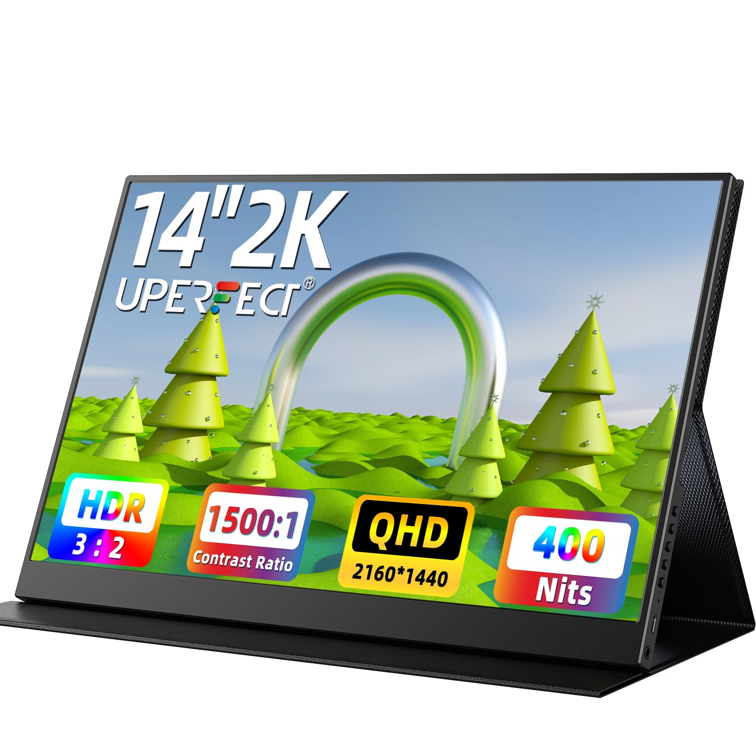 مانیتور قابل حمل UPERFECT 2K، مانیتور قابل حمل بسیار نازک 14 اینچی 2160 * 1440 QHD نمایشگر خارجی با دو بلندگو دوگانه HDR FreeSync صفحه دوم برای لپتاپ، کامپیوتر شخصی، تلفن همراه و کنسول بازی 14 اینچی 2K