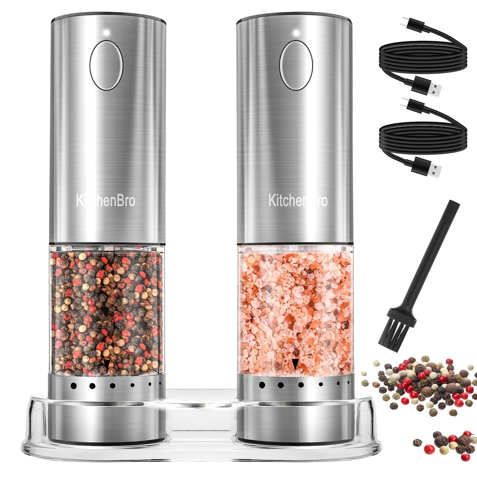 مجموعه آسیاب اتوماتیک نمک و فلفل برقی KitchenBro با قابلیت تنظیم ۶ سطح خردایش، مجددپذیر استیل و شیشه، شارژ از طریق USB، دارای نور، ۲ عدد دربازبانیگر نقره‌ای